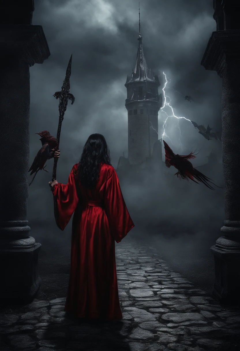 Beautiful Succubus, long Black hair, brown eyes, (((Short bright Red robe, Wings))), holding staff, (((lightening coming from staff))), (((supernatural lighting))), (((Mystical fog))), Rainy night, (((wizard tower in background))). Photo realistic, 8k post-ptoduction, cinematic shot, Ultra Detailed, High detail, sharp focus, intricate details