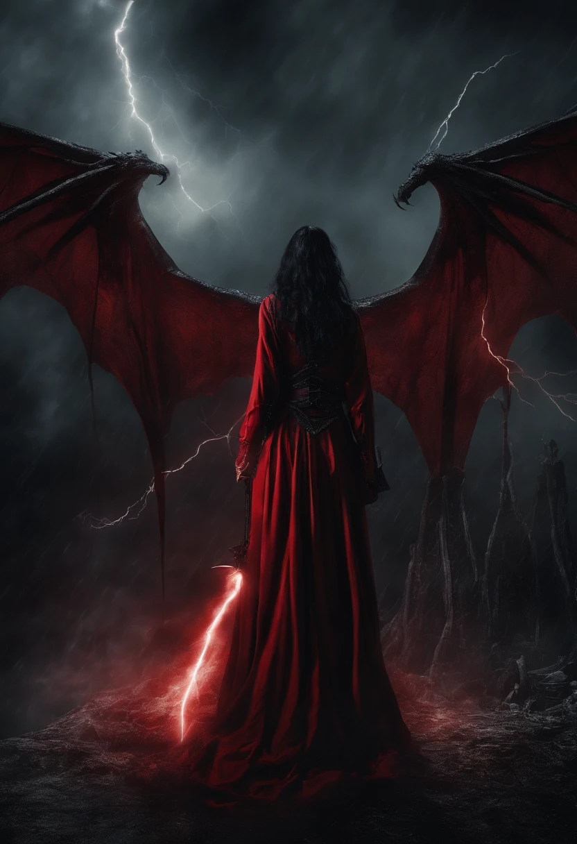 Beautiful Succubus, long Black hair, brown eyes, (((Short bright Red robe, Wings))), holding staff, (((lightening coming from staff))), (((supernatural lighting))), (((Mystical fog))), Rainy night, (((wizard tower in background))). Photo realistic, 8k post-ptoduction, cinematic shot, Ultra Detailed, High detail, sharp focus, intricate details