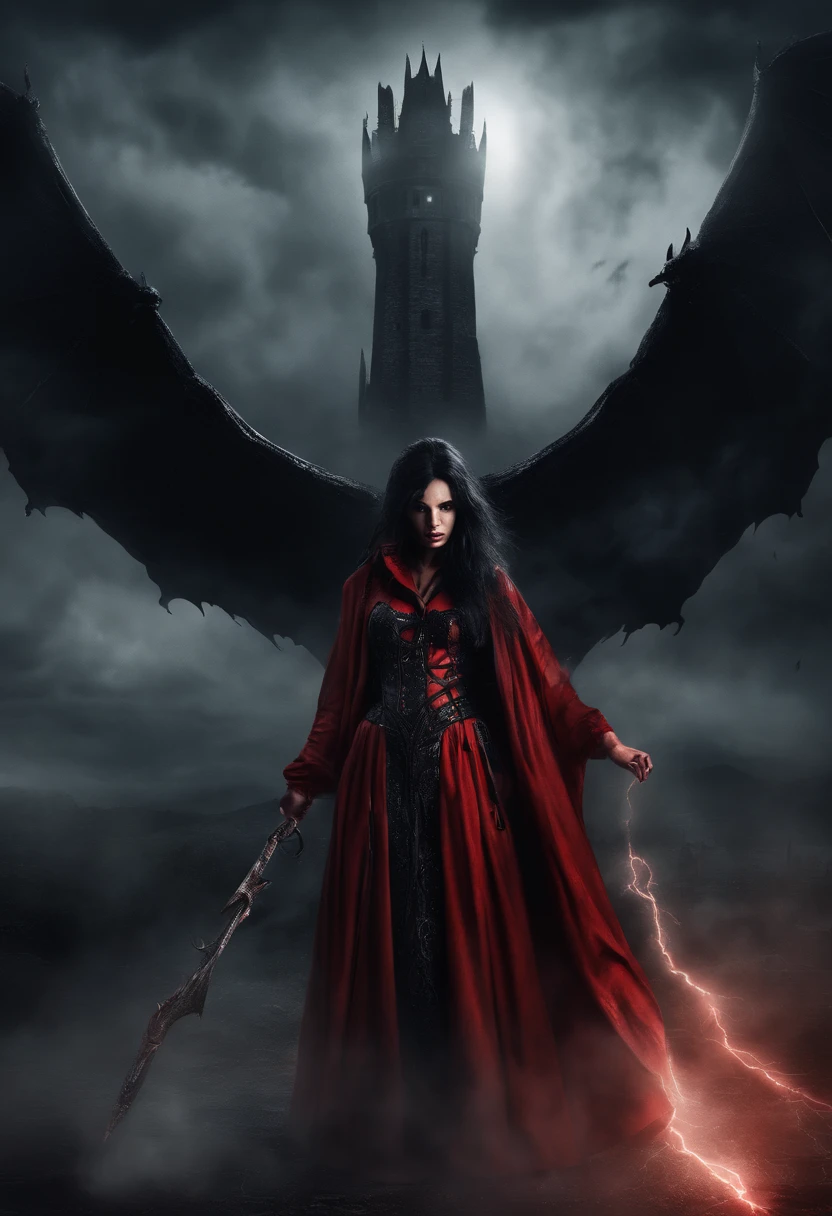 Beautiful Succubus, long Black hair, brown eyes, (((Short bright Red robe, Wings))), holding staff, (((lightening coming from staff))), (((supernatural lighting))), (((Mystical fog))), Rainy night, (((wizard tower in background))). Photo realistic, 8k post-ptoduction, cinematic shot, Ultra Detailed, High detail, sharp focus, intricate details