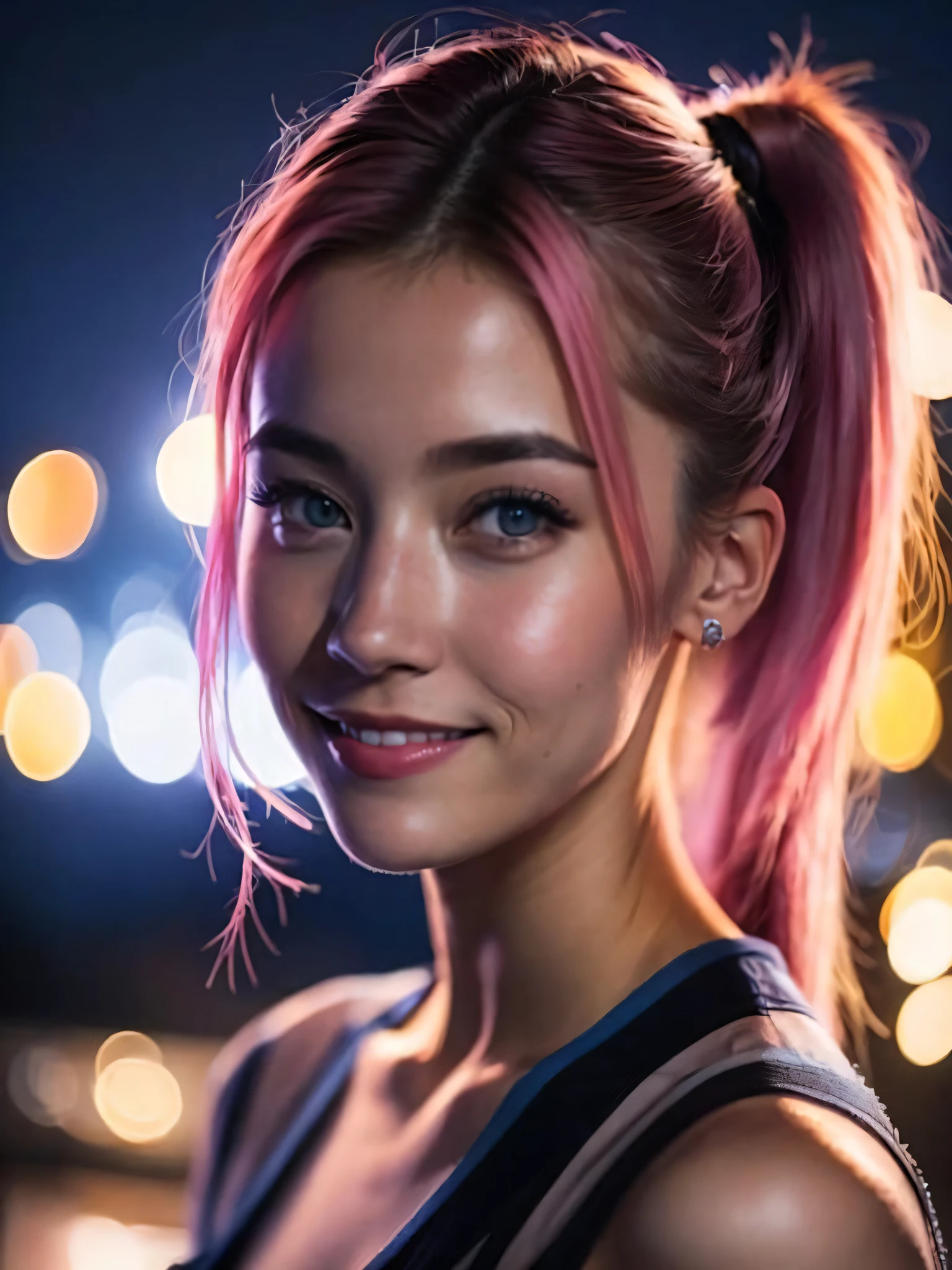 night scene, close up 85mm photo of a beautiful cute girl, posing, look at a camera and smile, pink ponytail hair, (blue eyes:0.8), cute young face, 18 yo, soft volumetric lights, (backlit:1.3), (cinematic:1.3), intricate details, (ArtStation:1.2)