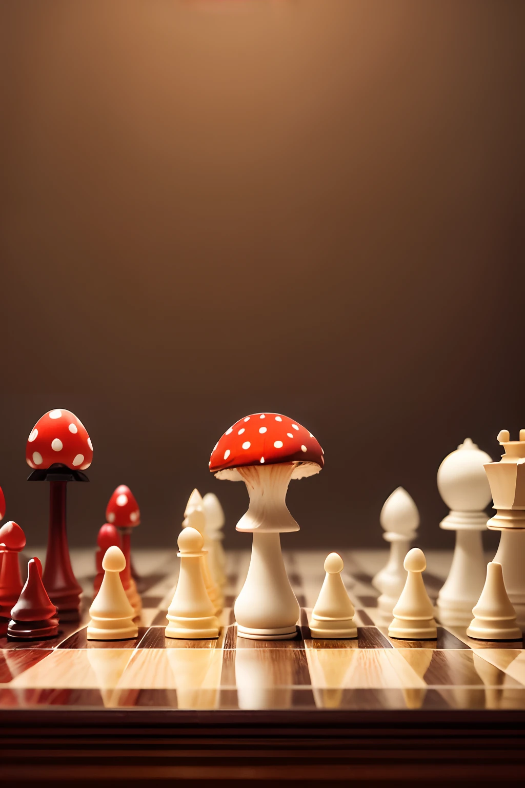 a classical wooden chessboard with chess pieces on it, on the chessboard instead of the King piece there is a little red Amanita muscaria mushroom with white dots, to the left to the Amanita muscaria mushroom there is a Queen which is not a mushroom but a regular piece, in front of them there are 8 pawns, 4k
