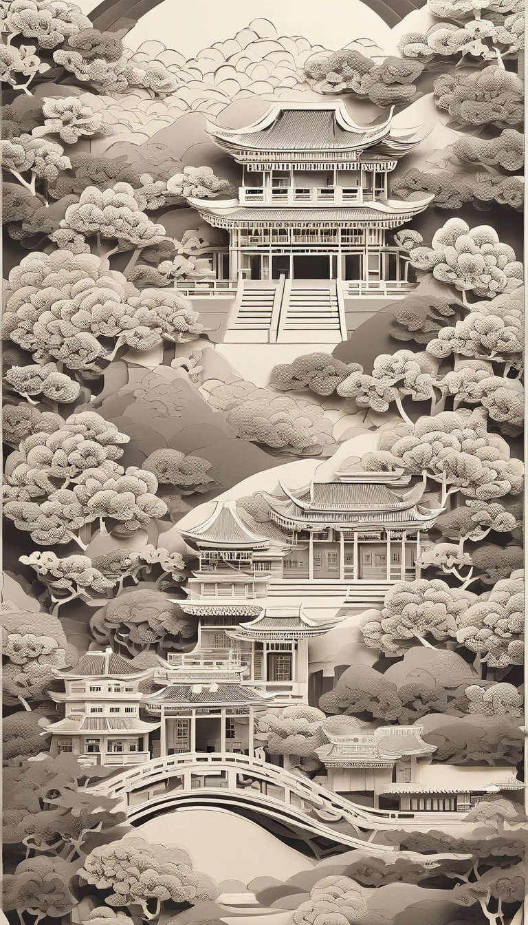 paper cut out,Chinese architecture,gardens,mountain water,Sea of clouds,Old Summer Palace
