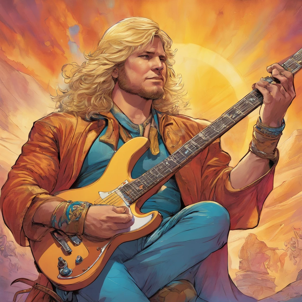 A golden haired dude with 1980's heavy metal rock star haircut style, sits on a floor, having happy electric guitar improvisation, professional cinematic music cover illustration of British color comic maestro Don Lawrence, masterpiece color comic style