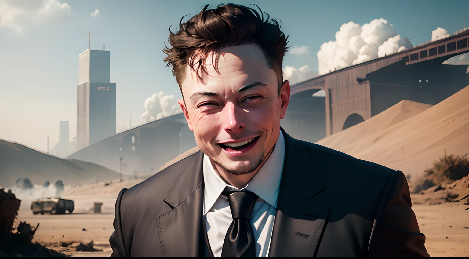 Play evil businessman Elon Musk, with banknotes in his hand while laughing evilly, with a background landscape completely destroyed by pollution.