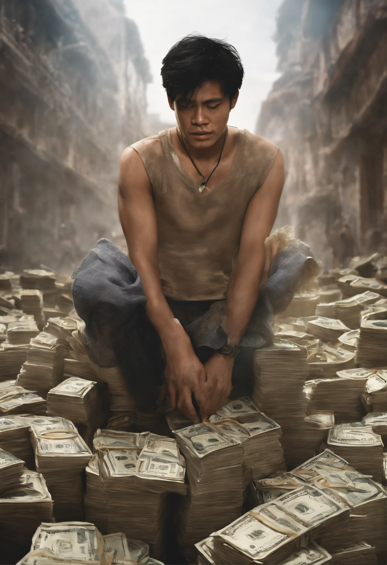 Men struggle for money, Real Photographics, Dramatic lighting, Intense expression, Determined eyes, hold fists, Sweat dripped down his face, Ruffled suit, whitout the broken chain in the floor, Crumbling dollar bills, Smoke rises in the background, Black and white with a touch of gold, Realism. (Best quality, A high resolution, Ultra-detailed), (Realistic:1.37), professional, Vivid colors.