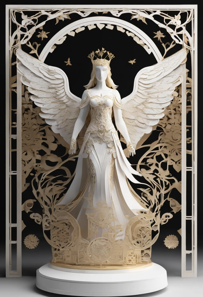 Mechanical style, God theme, (1 Mechamic Female Angel, Anatomically correct, Full body, golden wings, Standing, Circular base), Black and white background, (3d rendered, Best Quality, detaileds, masutepiece, offcial art, Cinematic lighting, 4K, Chiaroscuro)