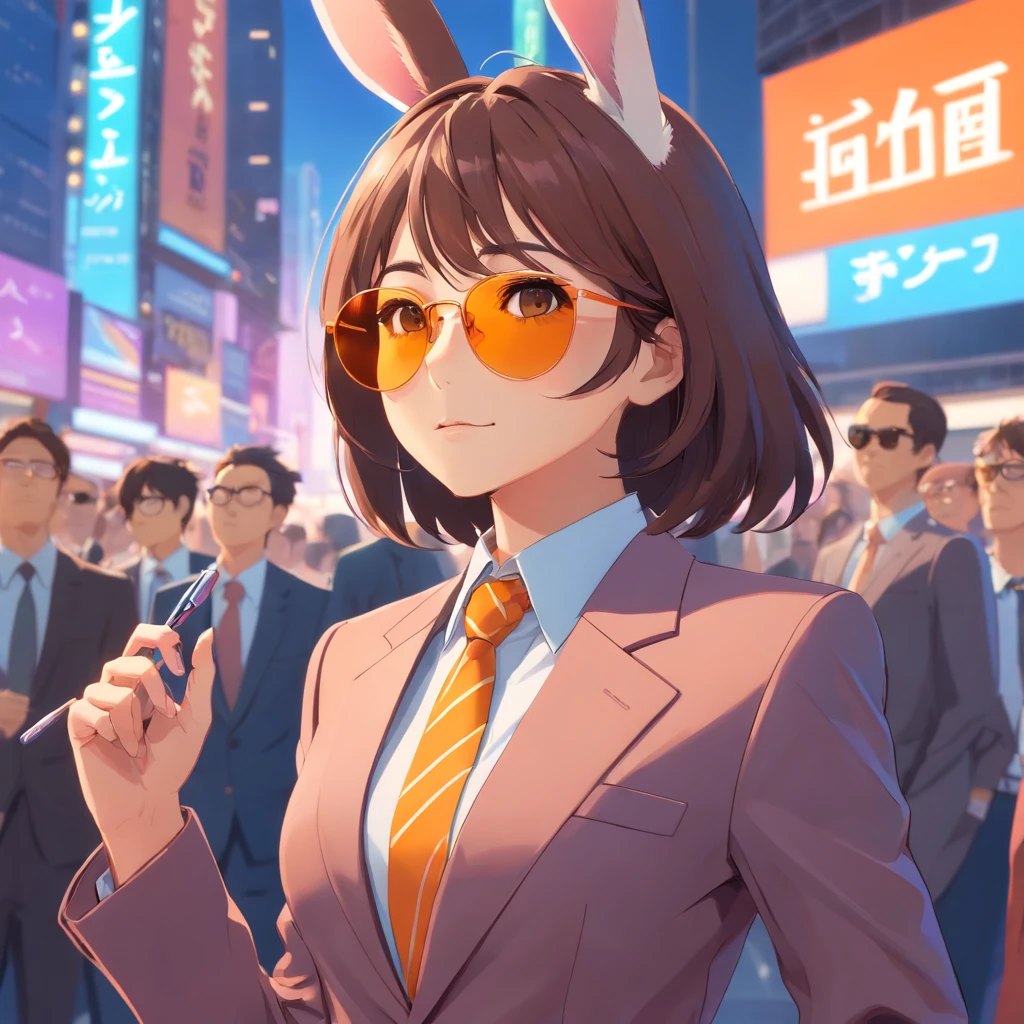 Artistic rendering of rabbit in business suit and sunglasses, Bright and colorful background, Rendered in 8K hyperrealism.
