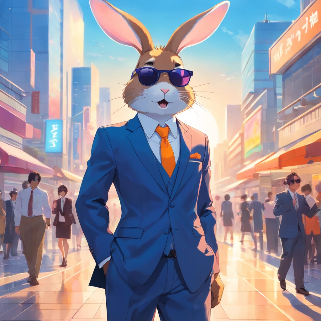 Artistic rendering of rabbit in business suit and sunglasses, Bright and colorful background, Rendered in 8K hyperrealism.