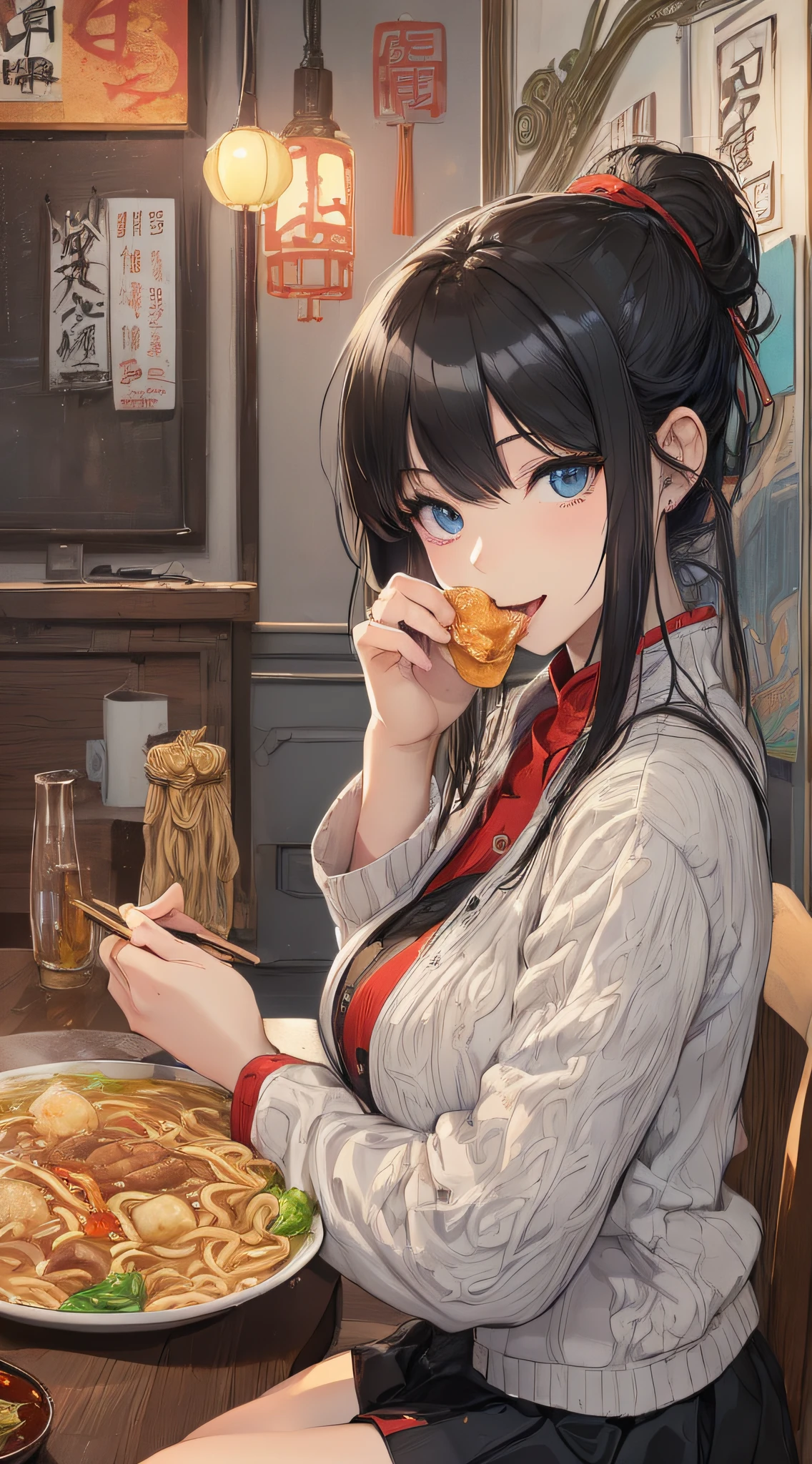 top-quality、Top image quality、masterpiece、girl with((18year old、Best Bust、Medium bust、Bust 85,Beautiful blue eyes、Breasts wide open,Black V-shaped T-shirt、Red cardigan with half sleeve、Black short skirt、Ponytail with black hair、Eating ramen、delighted expression、sit a chair)hiquality、Beautiful Art、Background with((Chinese Restaurant、The table、chair、ramen、Dumplings)),masutepiece、Elaborate design、visualart、depth of fields、The best lighting、highestdetailed、Front Angle