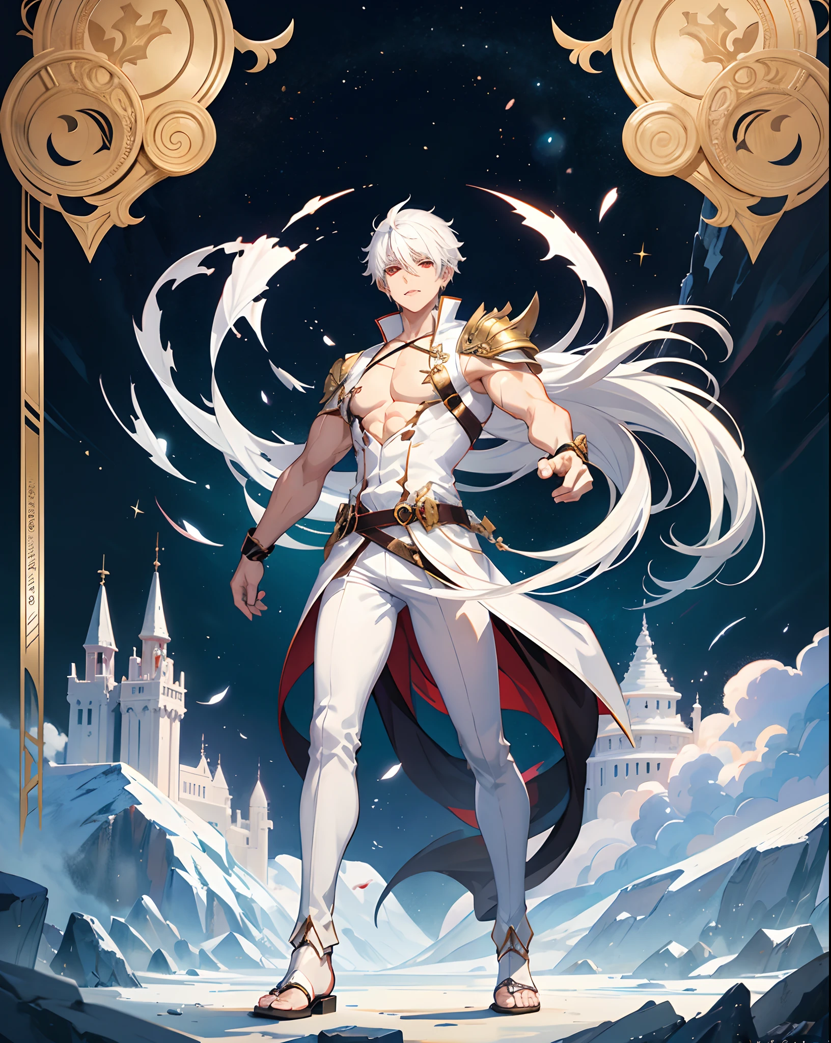 a male anime character with white hair and red eyes, character album cover, full art, antasy character, full art illustration, full portrait of elementalist, character profile art, official character art, official character illustration, merlin, high detailed official artwork, game key art, omoide emanon, oz, mobile game art, fangs, smurk, white hair, no shirt, muscular body, walking pose, white clothes, gold armor on the arms