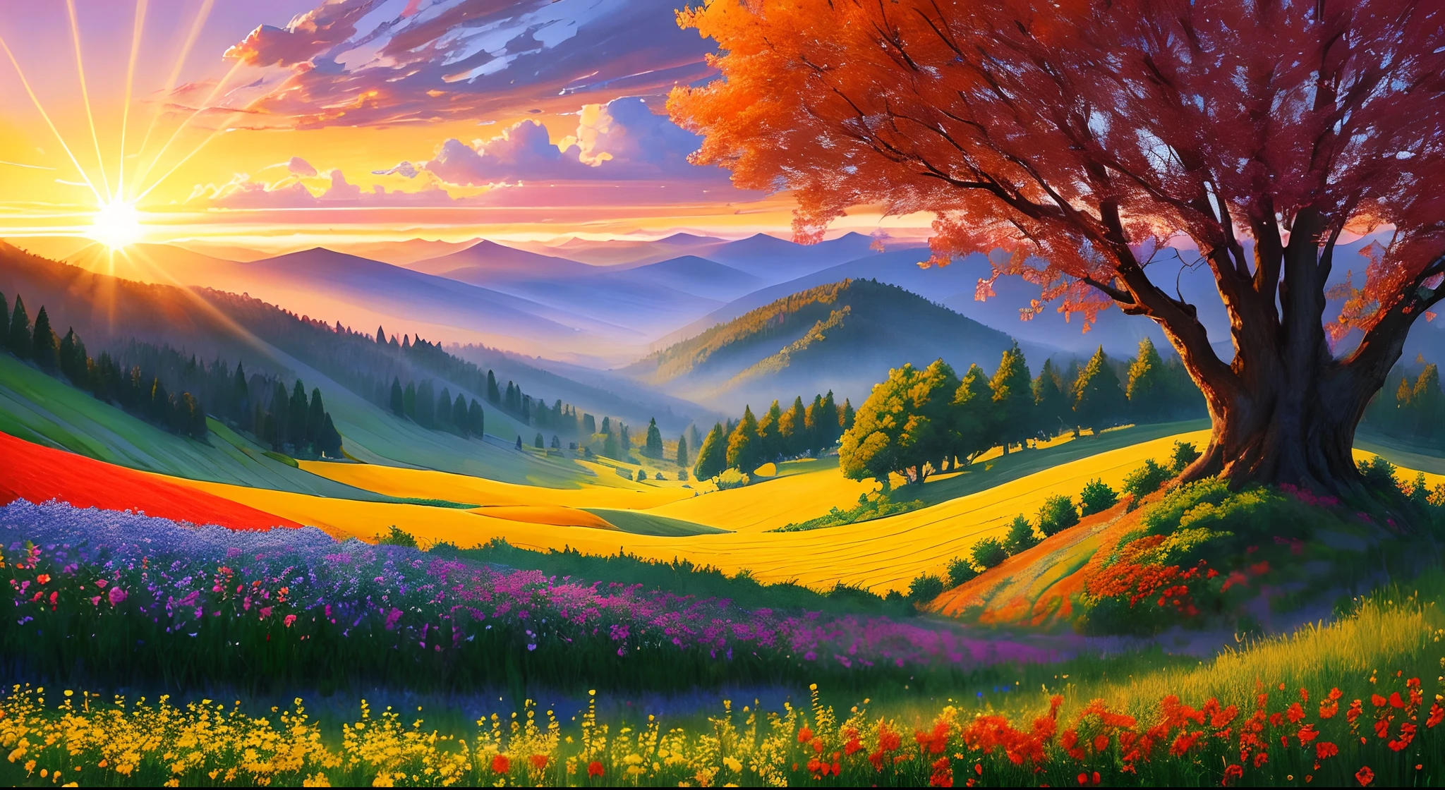 With huge flowers, flower fields hills, large trees, dramatic sunrise rays, impressionist paintings, colorful clouds, digital paintings, pointillism, art stations, Simon Starlenhaag