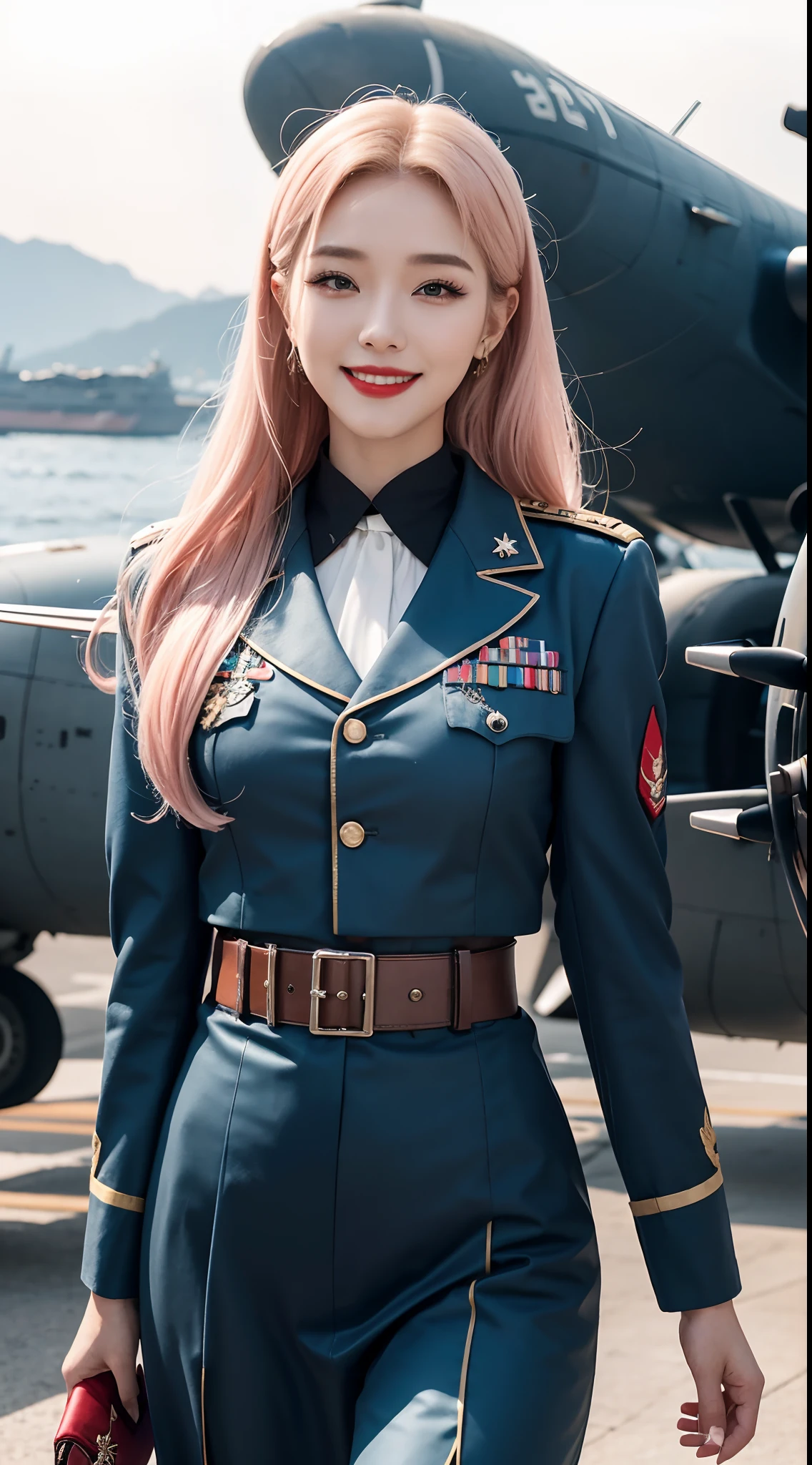 best quality, 4k, 8k, Beautiful Girl, Korean makeup, Red lips, Platinum hair, smiling, clear face, thigh, Perfect body, medium chest, Military attire, 2nd World War Costume, WW2, Military blue outfit, View of the aircraft carrier,