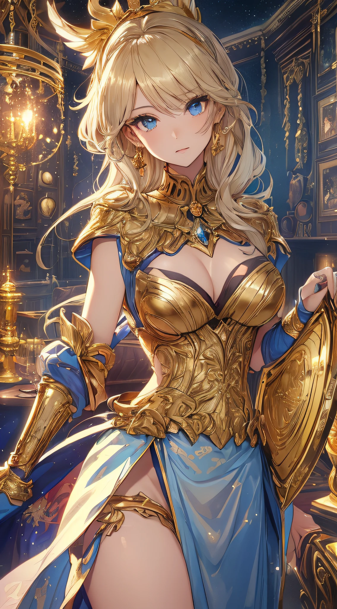 top-quality、Top image quality、masterpiece、girl with((18year old、Gold underwear,Best Bust、Medium bust、Bust 85,Beautiful blue eyes、Breasts wide open,Sexy Gold Dress、Gold Miniskirt、Gold Earrings、Gold necklace、Gold Ring、Shining golden ponytail、Skirt flutters、A golden axe in his right hand、Gold shield in left hand))hiquality、Beautiful Art、Background with(Shining meteors,kosmos、Gold Room、Gold Table、Gold Chair、Monitors、Gold Room、Gold Bookshelf、Golden Falls、)),masutepiece、Elaborate design、visualart、depth of fields、The best lighting、highestdetailed、Front Angle