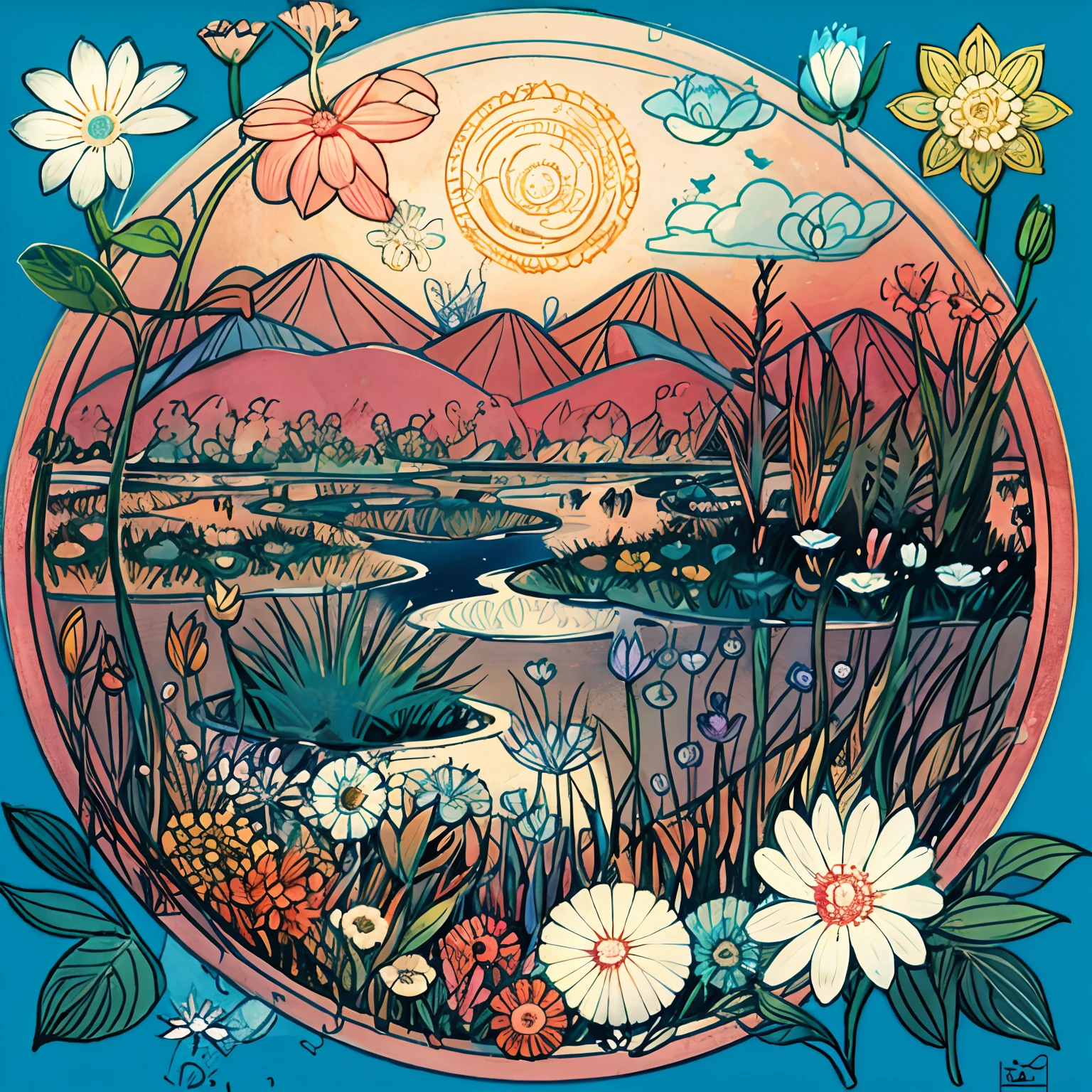 um desenho colorido de um lago com flores e plantas, full-page illustration, full-page illustration, Linework altamente detalhado, detalhes intrincados no ambiente, linha de trabalho detalhada, detailed ink illustration, intricate details illustration, detailed intricate illustration, field journal line art, desenho digital detalhado, line art colouring page, linha plana, intricate detailed illustration, trabalho de linha extremamente detalhado