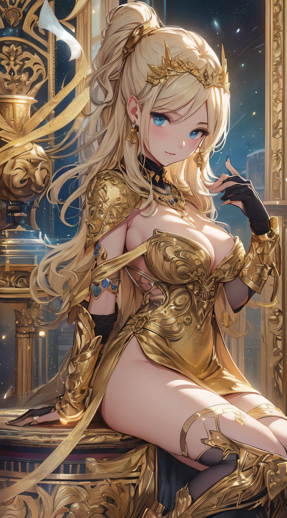 top-quality、Top image quality、masterpiece、girl with((18year old、Gold underwear,Best Bust、Medium bust、Bust 85,Beautiful blue eyes、Breasts wide open,Sexy Gold Dress、Gold Miniskirt、Gold Earrings、Gold necklace、Gold Ring、Shining golden ponytail、Skirt flutters、A golden axe in his right hand、Gold shield in left hand))hiquality、Beautiful Art、Background with(Shining meteors,kosmos、Gold Room、Gold Table、Gold Chair、Monitors、Gold Room、Gold Bookshelf、Golden Falls、)),masutepiece、Elaborate design、visualart、depth of fields、The best lighting、highestdetailed、Front Angle