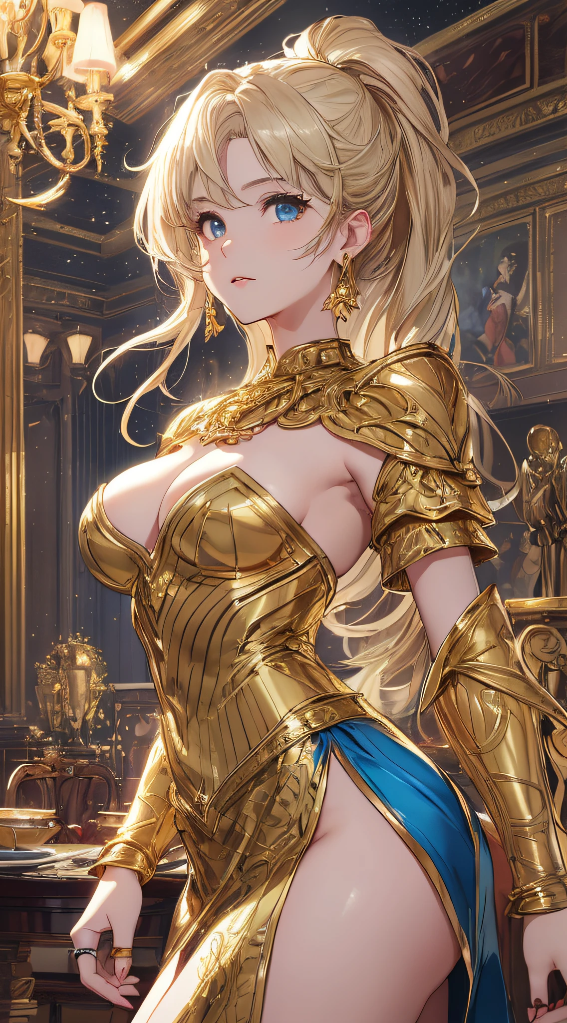 top-quality、Top image quality、masterpiece、girl with((18year old、Gold underwear,Best Bust、Medium bust、Bust 85,Beautiful blue eyes、Breasts wide open,Sexy Gold Dress、Gold Miniskirt、Gold Earrings、Gold necklace、Gold Ring、Shining golden ponytail、Skirt flutters、A golden axe in his right hand、Gold shield in left hand))hiquality、Beautiful Art、Background with(Shining meteors,kosmos、Gold Room、Gold Table、Gold Chair、Monitors、Gold Room、Gold Bookshelf、Golden Falls、)),masutepiece、Elaborate design、visualart、depth of fields、The best lighting、highestdetailed、Front Angle