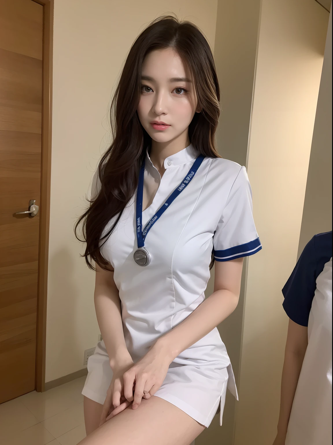 ((Need, 8K, tmasterpiece:1.3,Exquisite and perfect facial features)), full bodyesbian, Long legs, Focalors:1.2, perfect figure beautiful woman:1.4, A girl wears a comfortable nurse's uniform,background is hospital