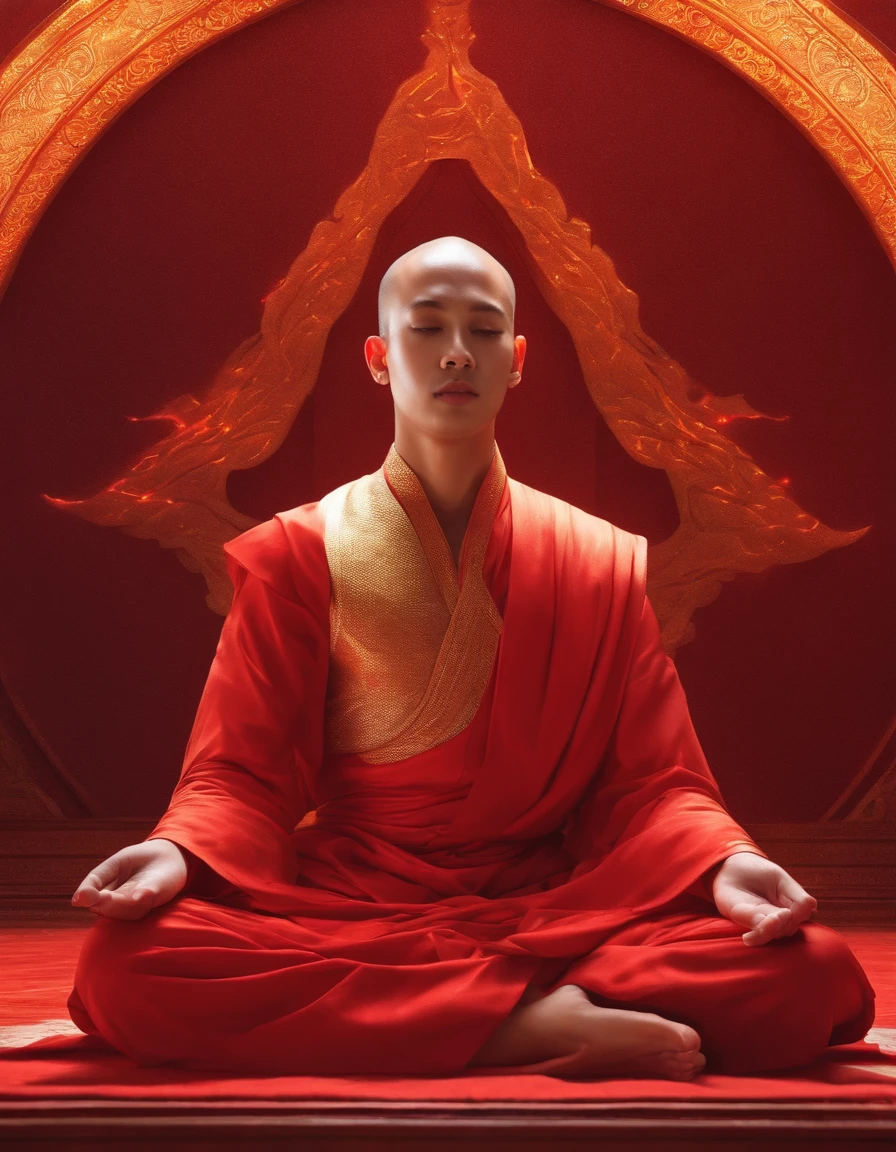 Monk sitting meditating in front of iridescent aura, In the style of red and gold, ArtGerm, uhd image, gongbi, visual harmony, Mystical mechanism, queencore