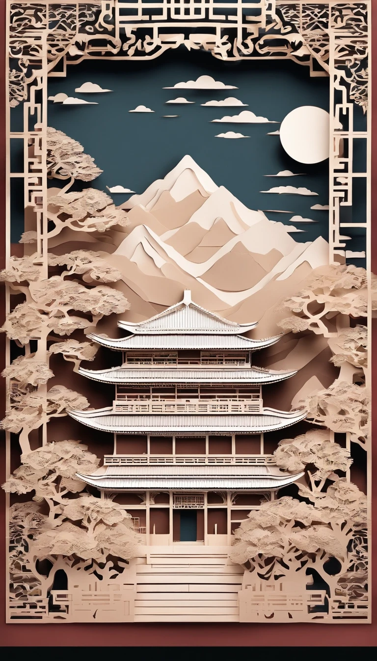 paper cut out，Chinese architecture，gardens，mountain water，Sea of clouds，Old Summer Palace，With a Chinese border