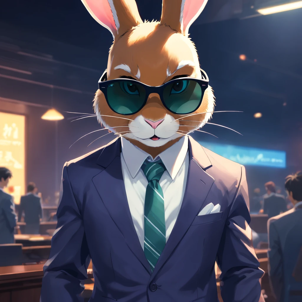 ((Masterpiece)), ((Best Quality)), (Very Detailed), ((Very Detailed)), 4K, (8K), very aesthetic, absurdres highres, 1 man, anthropomorphic rabbit, furry, kemono, Inside a high-tech office, an intimidating man with cybernetic prosthetics poses aggressively, wearing a metallic combat suit and dark coat. He has a deep scar on his face and a holographic display floating in his hand. Hologram ads and neon lights shine in the background, along with sophisticated office machinery.