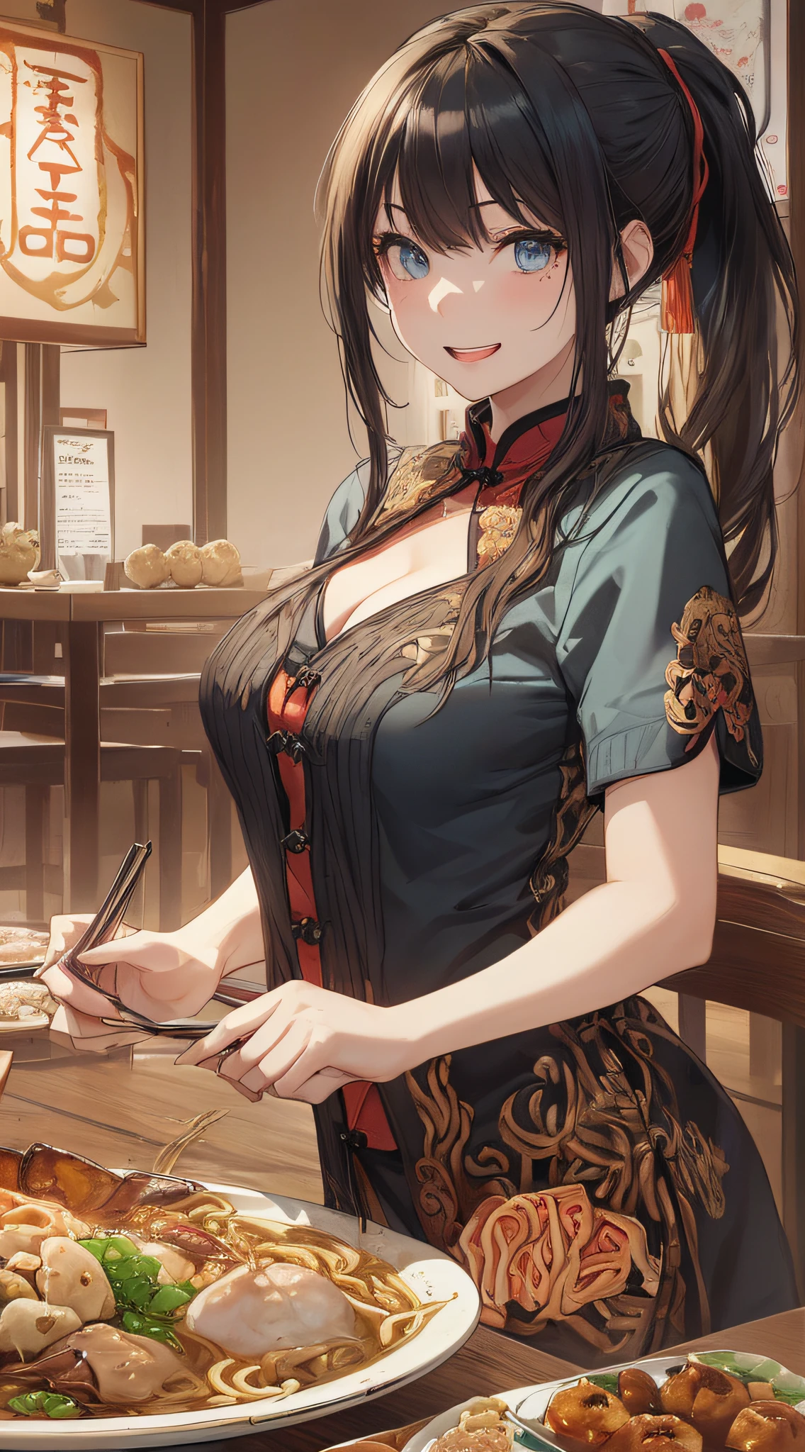 top-quality、Top image quality、masterpiece、girl with((18year old、Best Bust、Medium bust、Bust 85,Beautiful blue eyes、Breasts wide open,Black V-shaped T-Shirt、Red cardigan with short sleeves、Black short skirt、Ponytail with black hair、during a meal、delighted expression、sit a chair)hiquality、Beautiful Art、Background with((Chinese Restaurant、The table、Chair、Ramen、Dumplings)),masutepiece、Elaborate design、visualart、depth of fields、The best lighting、highestdetailed、