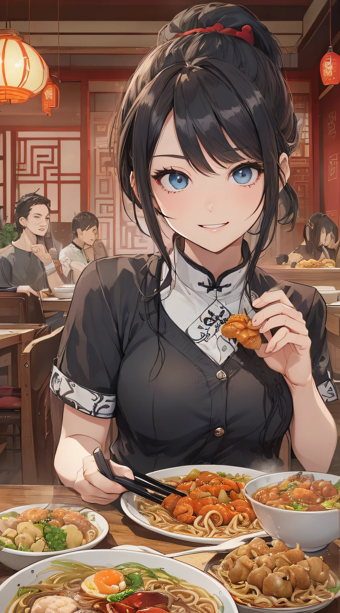 top-quality、Top image quality、​masterpiece、girl with((18year old、Best Bust、Medium bust、Bust 85,Beautiful blue eyes、Breasts wide open,Black V-shaped T-Shirt、Red cardigan with short sleeves、Black short skirt、Ponytail with black hair、during a meal、delighted expression、sit a chair）hiquality、Beautiful Art、Background with((Chinese Restaurant、The table、Chair、Ramen、Dumplings)),masutepiece、Elaborate design、visualart、depth of fields、The best lighting、highestdetailed、