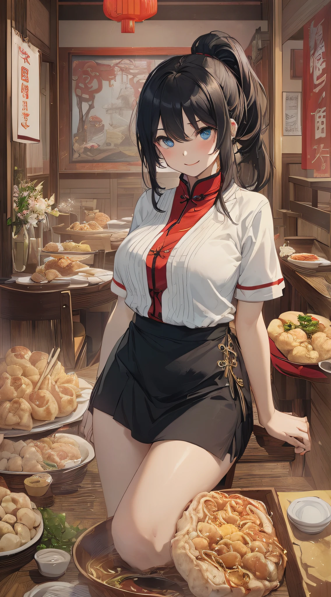 top-quality、Top image quality、​masterpiece、girl with((18year old、Best Bust、Medium bust、Bust 85,Beautiful blue eyes、Breasts wide open,Black V-shaped T-Shirt、Red cardigan with short sleeves、Black short skirt、Ponytail with black hair、during a meal、delighted expression、sit a chair）hiquality、Beautiful Art、Background with((Chinese Restaurant、The table、Chair、Ramen、Dumplings)),masutepiece、Elaborate design、visualart、depth of fields、The best lighting、highestdetailed、