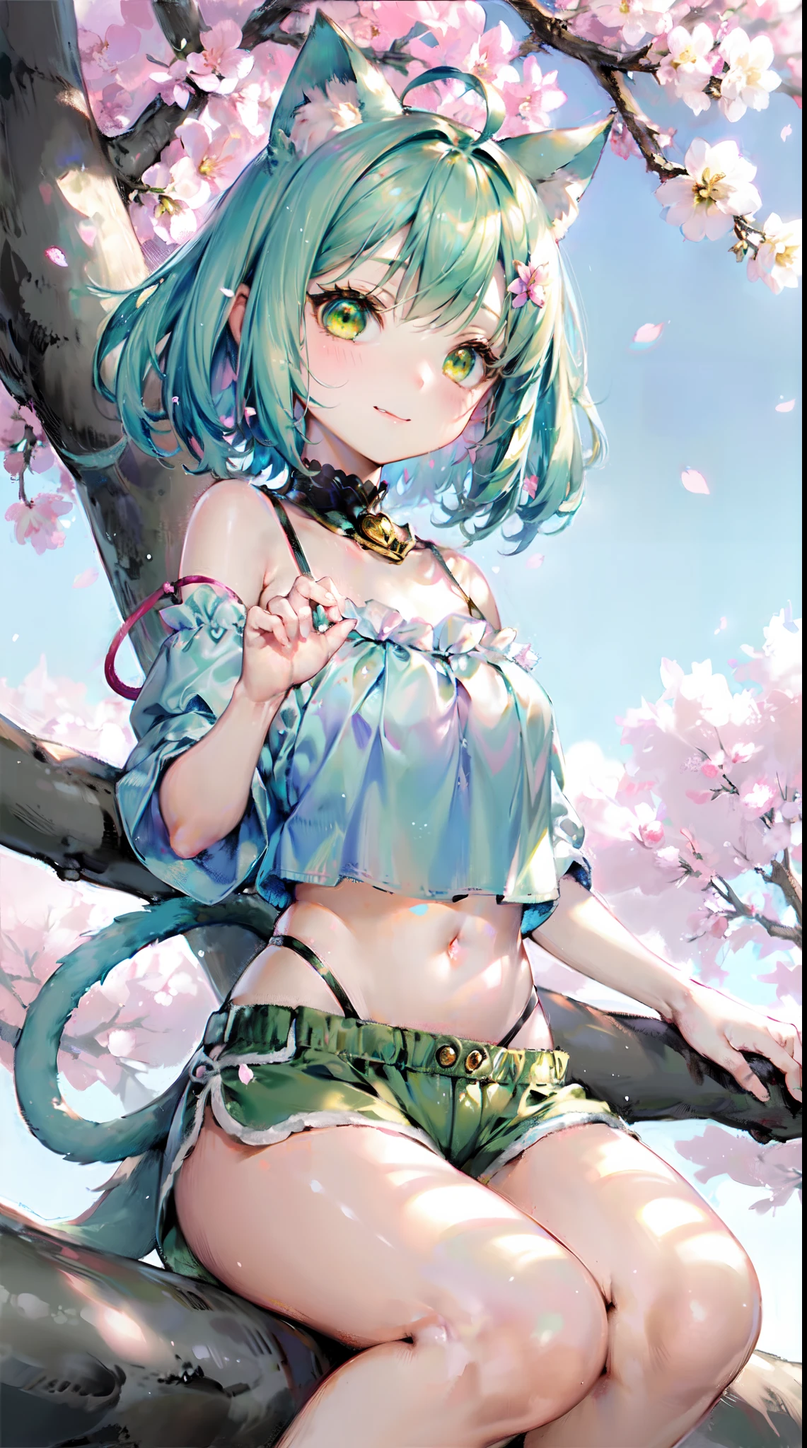 masterpiece, best quality, novel illustration, highres, 18+ mature content, sensual, intimate, emotional, passionate, romantic, sweet, endearing, innocent, pure, captivating, alluring, enticing, mysterious, enchanting, captivating, immersive, mesmerizing, dreamlike, surreal, imaginative, whimsical, artistic, avant-garde, timeless, elegant, sophisticated, chic, refined, unique, original, mesmerizing,1girl,deltamon_beta, solo, blue eyes, thighhighs, animal ears, bare shoulders, blue tail, earrings,detached sleeves, green hair, sleeveless, cat ears, bag, white thighhighs, cat tail,pink backpack,pink randseru,Lavender Lace: A lavender lace dress with a Peter Pan collar, paired with ivory tights and Mary Jane shoes.,Cherry blossom viewing, Azalea, Satsuki, Azalea blizzard,
Rest ((Avoided by ((kitten)), crying face))