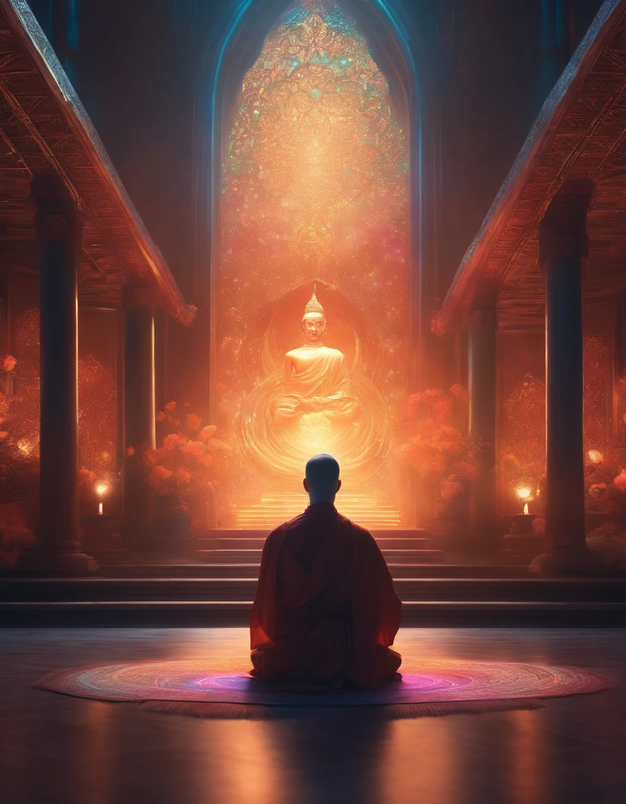 Rear view of monk meditating in front of iridescent aura, In the style of iridescent colors, ArtGerm, uhd image, gongbi, visual harmony, Mystical mechanism, queencore
