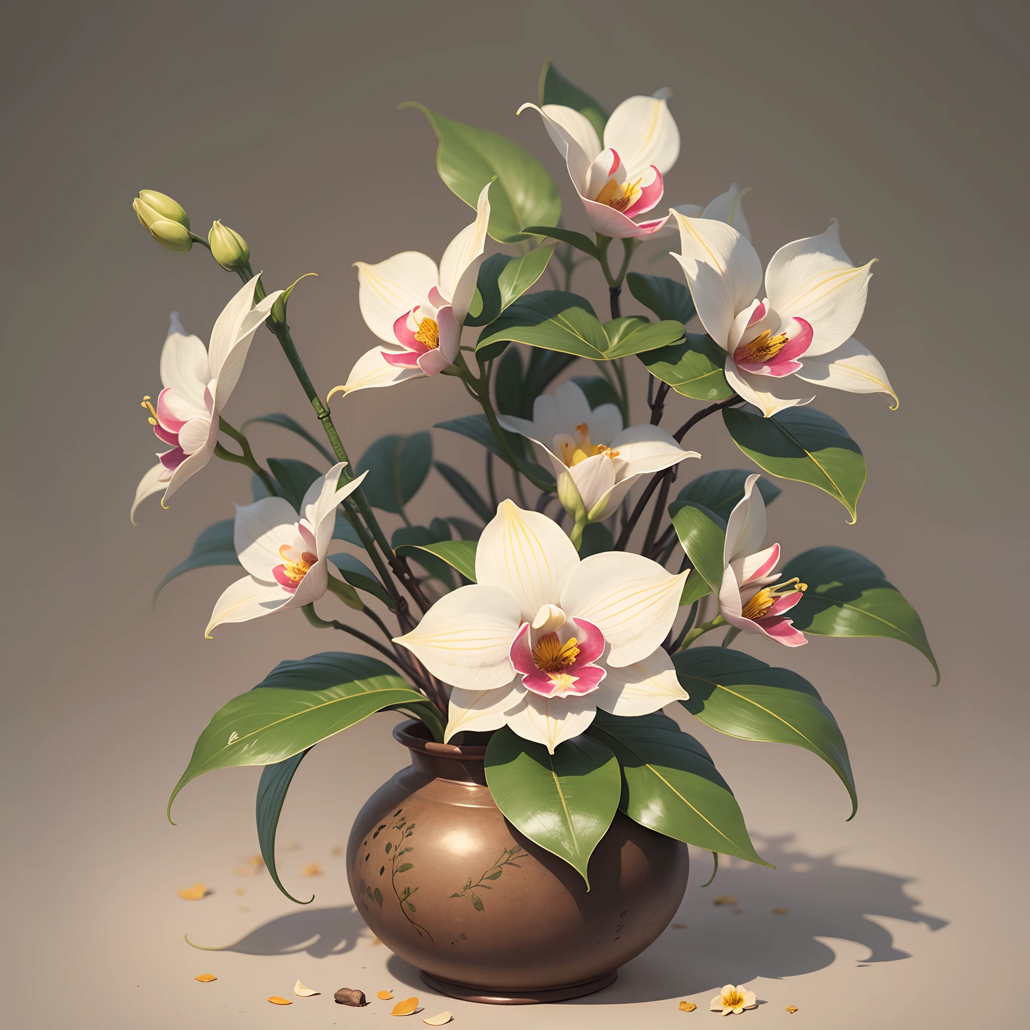 Generate a vintage botanical print of Victorian-era orchids. Showcase the intricate details of the exotic flowers with soft, muted colors, set against a parchment-like background --auto --s2