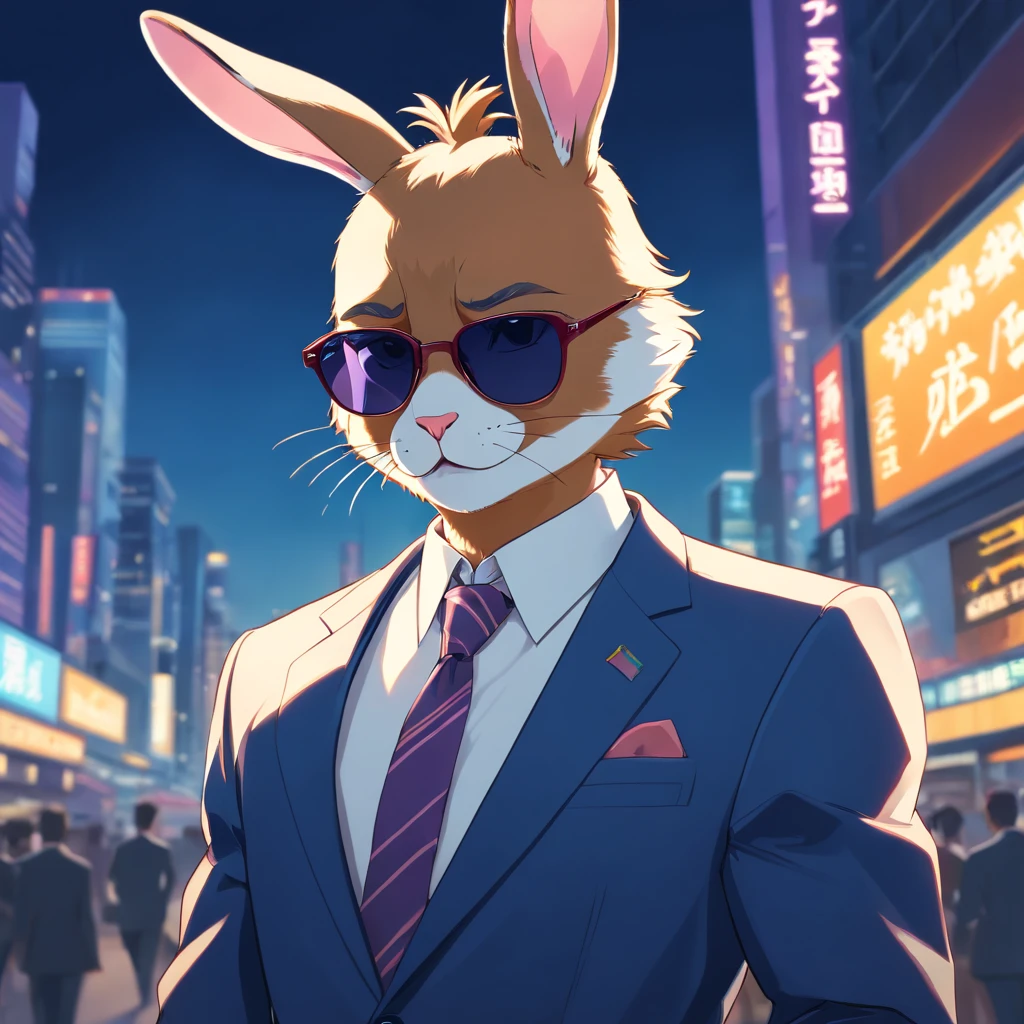 Artistic rendering of rabbit in business suit and sunglasses gangster, vector art style, dark background, Rendered in 8K hyperrealism.