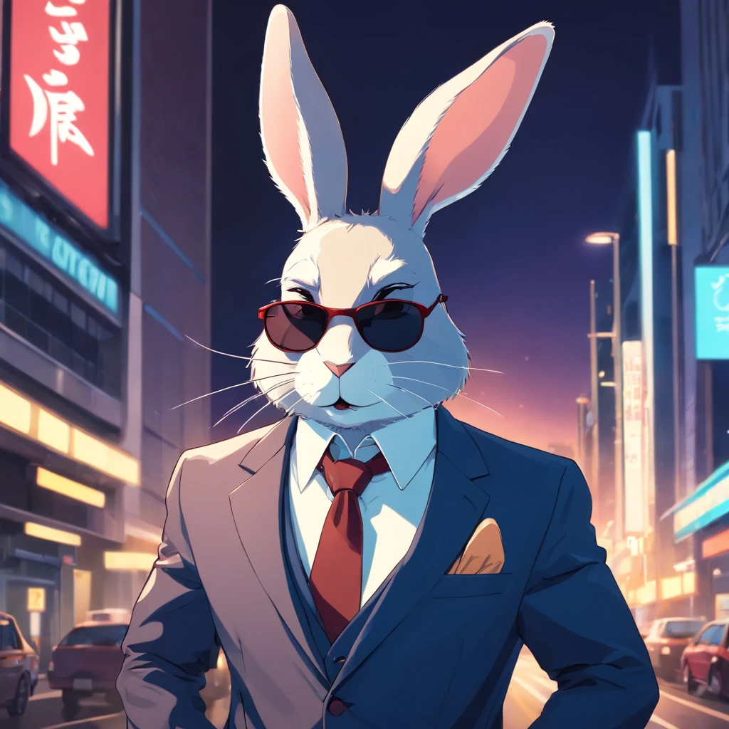 Artistic rendering of rabbit in business suit and sunglasses gangster, vector art style, dark background, Rendered in 8K hyperrealism.