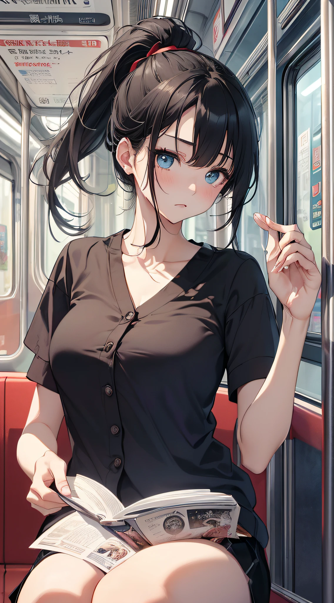 highest quality, Very detailed, shape,
One Girl, Glasses, , bag, Are standing, Grab the strap with one hand,
E235, Sheet, close, scenery, Inside the train, window, Day,
null, Day, Actual location, Power lines, fence, city, cityscape, cloud, sign, Poster (object), Short sleeve seravuk,((Focus armpits))Armpit sweat,Cool face,Medium Black Ponytail, Upper Body,pleats skirt,White shirt