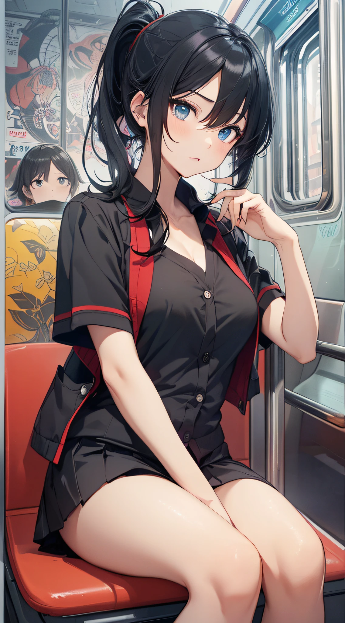 top-quality、Top image quality、masterpiece、girl with((18year old、Best Bust、Medium bust、Bust 85,Beautiful blue eyes、Breasts wide open,Black V-shaped T-Shirt、Red cardigan with short sleeves、Black short skirt、Ponytail with black hair、sitting in the seat、read a book、serious facial expression)hiquality、Beautiful Art、Background with((On the train)),masutepiece、Elaborate design、visualart、depth of fields、The best lighting、highestdetailed、