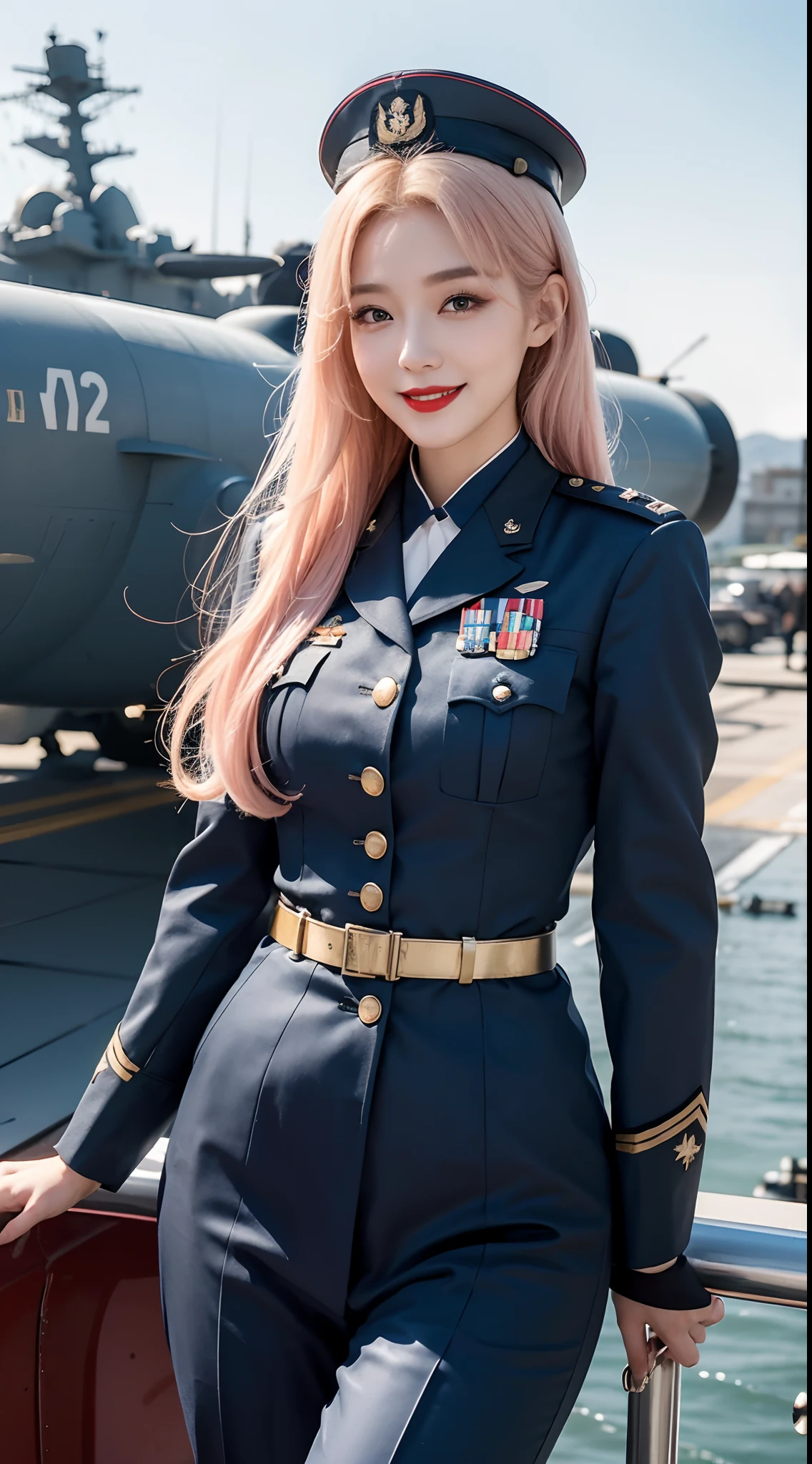 best quality, 4k, 8k, Beautiful Girl, Korean makeup, Red lips, Platinum hair, smiling, clear face, thigh, Perfect body, medium chest, Military attire, 2nd World War Costume, WW2, Military blue outfit, View of the aircraft carrier,