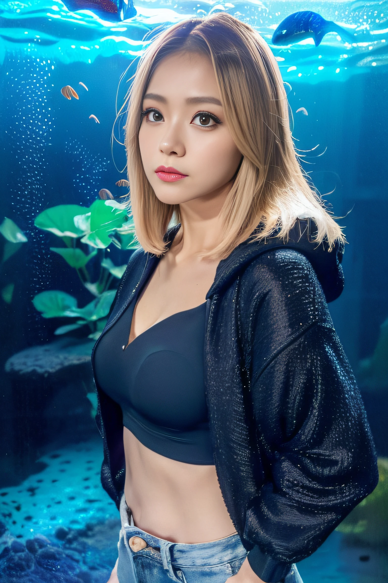 (masterpiece:1.2), ultra detailed, ultra high res, (realistic, photo realistic:1.37), high detail RAW color photo, professional photograph, an extremely delicate and beautiful, extremely detailed, finely detail, huge file size, extremely detailed beautiful girl, extremely detailed face, extremely detailed eyes, extremely detailed skin, extremely detailed nose, extremely detailed mouth, perfect anatomy, highly detailed background, shiny skin, (Japanese famous actress:1.3), flat chest, looking at viewer, (dynamic pose:1.2), dynamic lighting, (hoodie, midriff peek, denim pants:1.2), (brown race, dark skin, blond hair:1.5), shortcut hair, (floating tropical fish in the midnight aquarium:1.6), (full body:1.35),