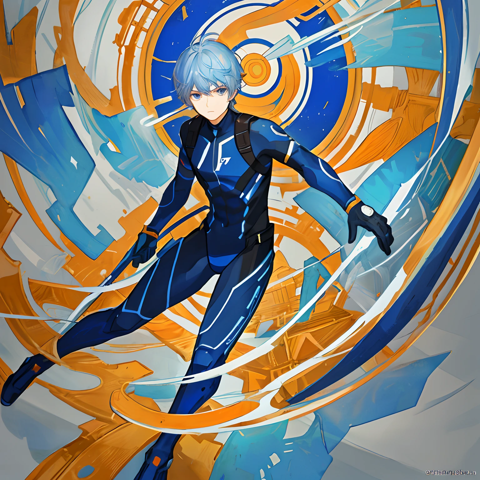 (masterpiece), (top-quality), (super detailing),(illustratio), (((best quality))), ((ultra-detailed)), 1 male, human, blue hairs, short-hair, Blue body Suit, (stylish pose:1.3), Whole body