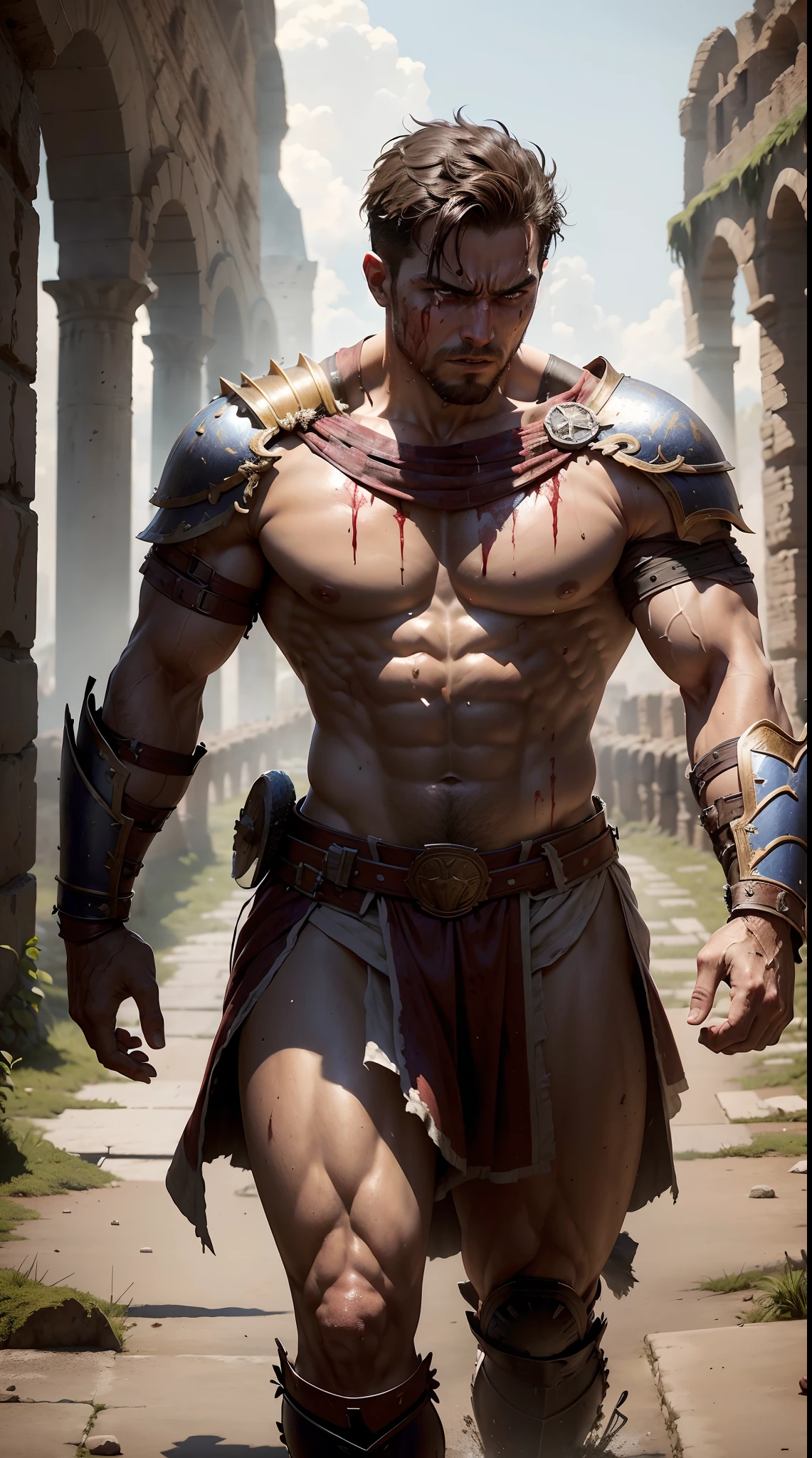 (masterpiece, intricately detailed, highest resolution, best quality:1.2), (doujin), a cocky Roman soldier, Roman army,a 24 y.o muscle warrior stud with a muscular physique sitting on a chair with black eyes,dark-skinned male, wearing bondage attire, armor, bracelets, necklace, jewelry, (excessive cum), (cum on body), (cum drip), flaccid penis,saggy balls,hairy chest,vascular,muscle striations,soft light,fantastic realism,