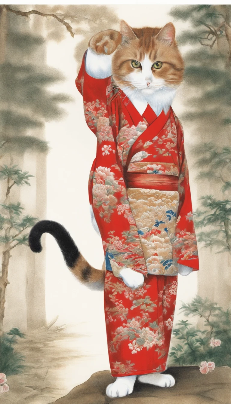 Drawing of a cat standing on two legs wearing a red and white traditional Japanese shirt