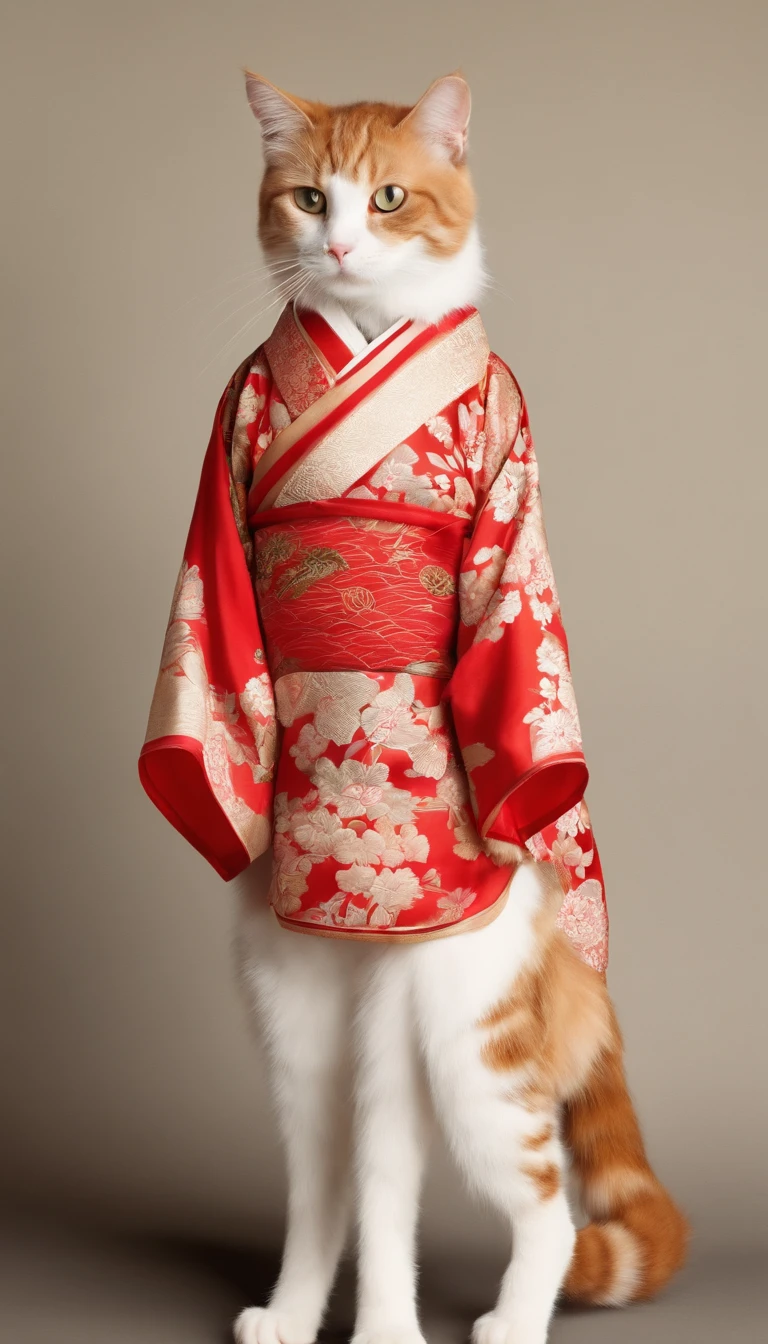 Drawing of a cat standing on two legs wearing a red and white traditional Japanese shirt