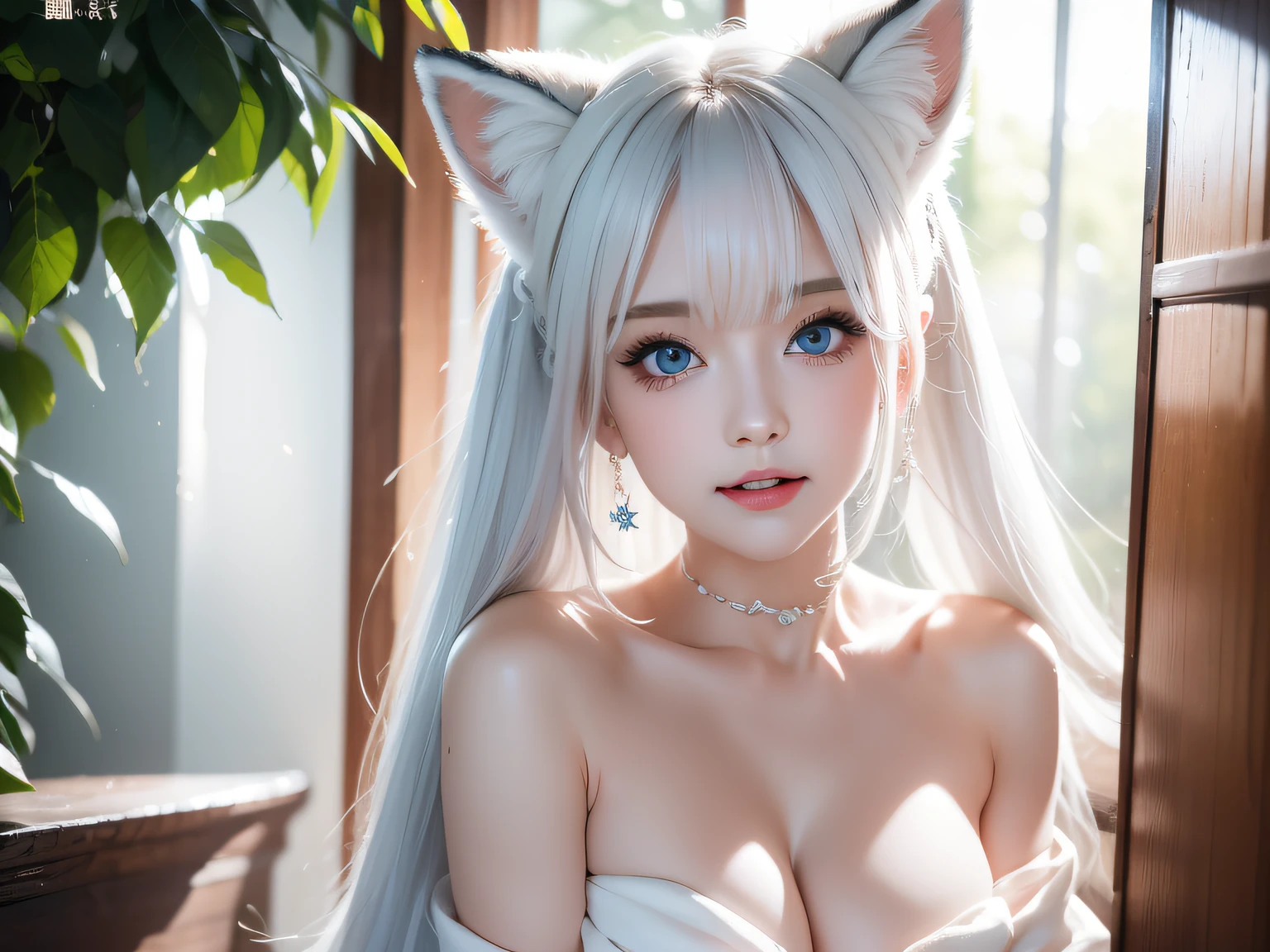 great laughter、Full body, (Naked:1.5), Two Miss Fox Demons，Fox Devil Fox Years White Hair Girl，Sexy and feminine，Fluffy fox ears，fox tails，No ears，reddish tones，The beauty of fox ears alone，Cover chest，Clan girls，Fox's eye，Enchanted，Charming， K， best qualtiy， tmasterpiece，  Raised sexy， Highly detailed face and eyes， professional make up，blue eyess ，， glow blue eyes，Pink-haired girl with fox ears、Looking here、Beautiful ,Nothing is worn、