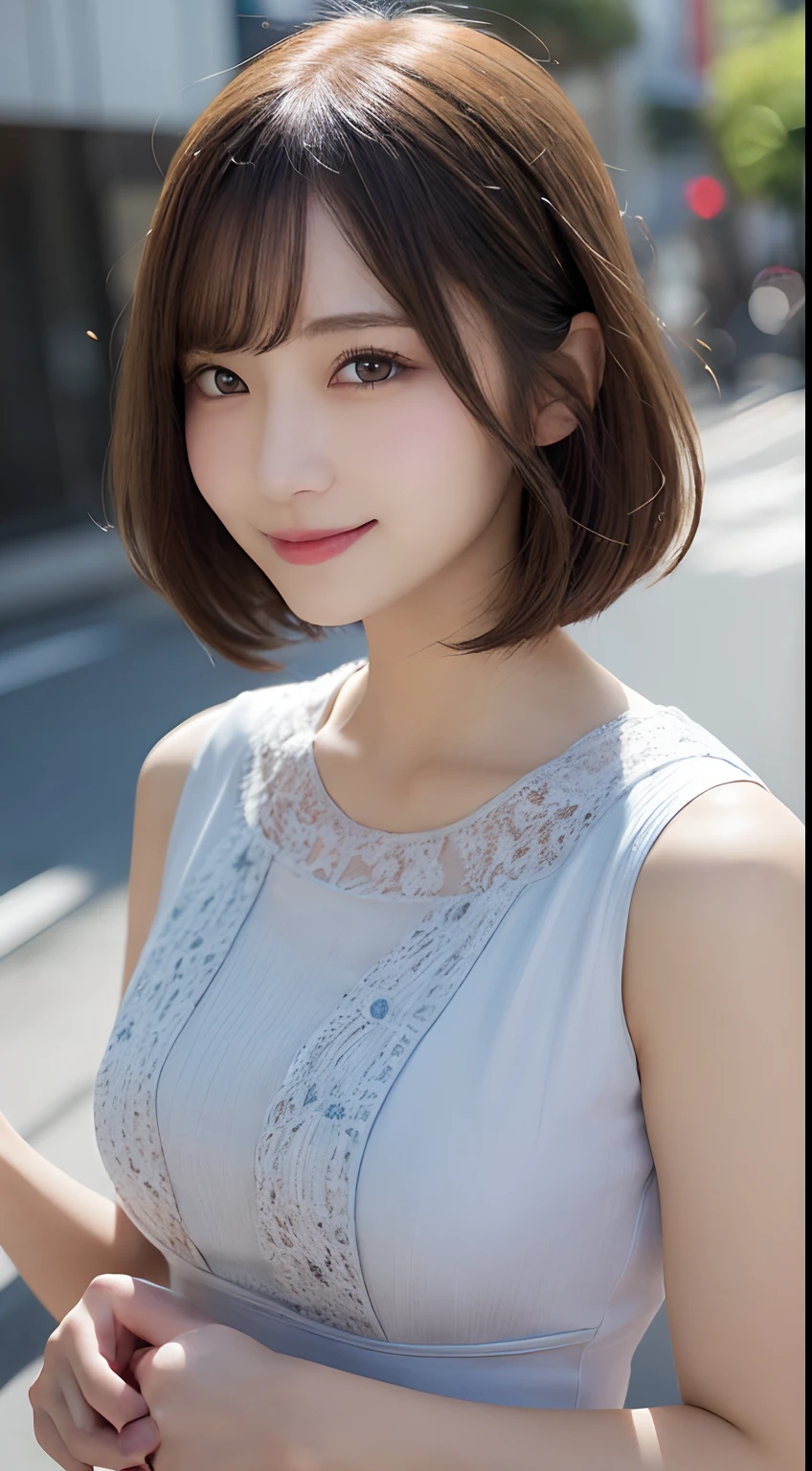 masutepiece, Best Quality, Illustration, Ultra-detailed, finely detail, hight resolution, 8K Wallpaper, Perfect dynamic composition, Beautiful detailed eyes, Women's Fashion,Very short hair,Small breasts natural color lip, Bold sexy poses,Smile,Harajuku、20 years girl、Cute、Sexy shot looking at camera、pesant dress、Background outdoor