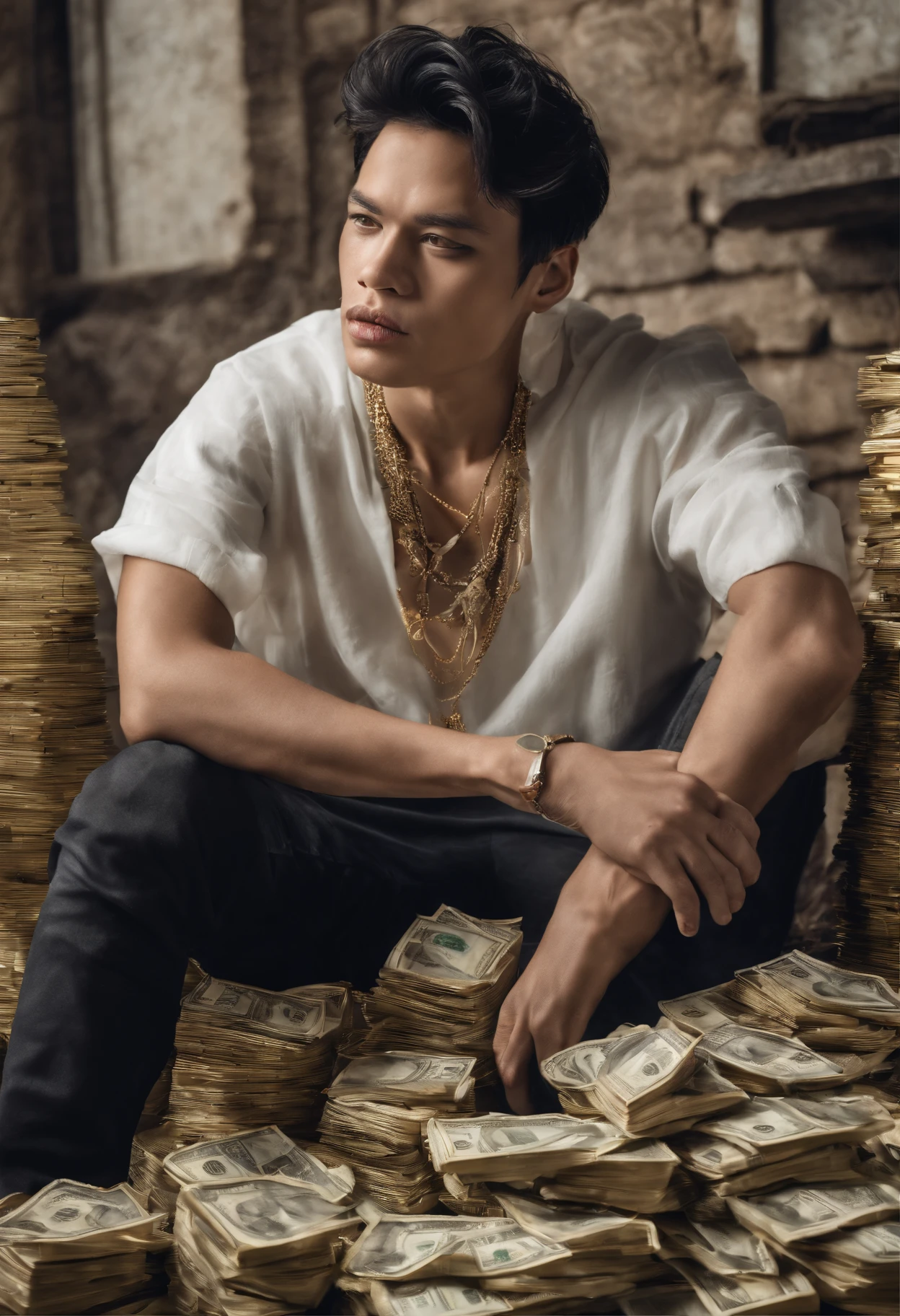 1
a close up of a person sitting on a pile of money, luffy from one piece, luffy, badass realistic high resolution 8 k, luffy (one piece, monkey d luffy, realistic wallaper, inspired by Eiichiro Oda, one piece artstyle, monkey d. luffy, 4 k manga wallpaper, from one piece, one piece style, realistic style 4 k, cool rich high resolution background, wearing balenciga shirt and Dior pants, with diamond Rolex and customized diamond necklace, wearing Dior shoes high resolution image