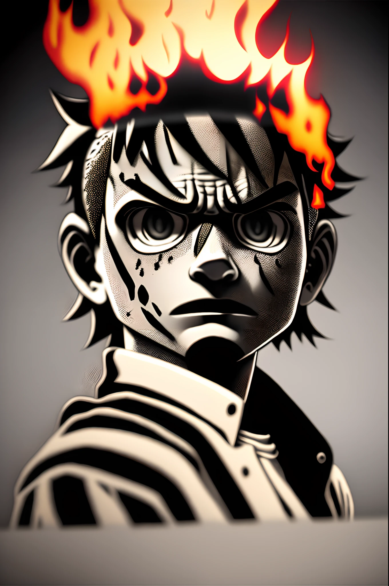 Design a gripping poster featuring Luffy gare 5 from "One Piece" in a fit of rage. Capture the essence of his burning determination and unyielding spirit as he unleashes his wrath upon his enemies. Keep it short, bold, and intense to convey the raw power of Luffy's anger., Hypnotic, Androgynous, Gadgetpunk, face shot, Cinema4D rendering, Depth of field, Tapestry, black colors, Classical Realism, glow in the dark lighting, Hyper realistic, dramatic shadows, film noir style, 4k