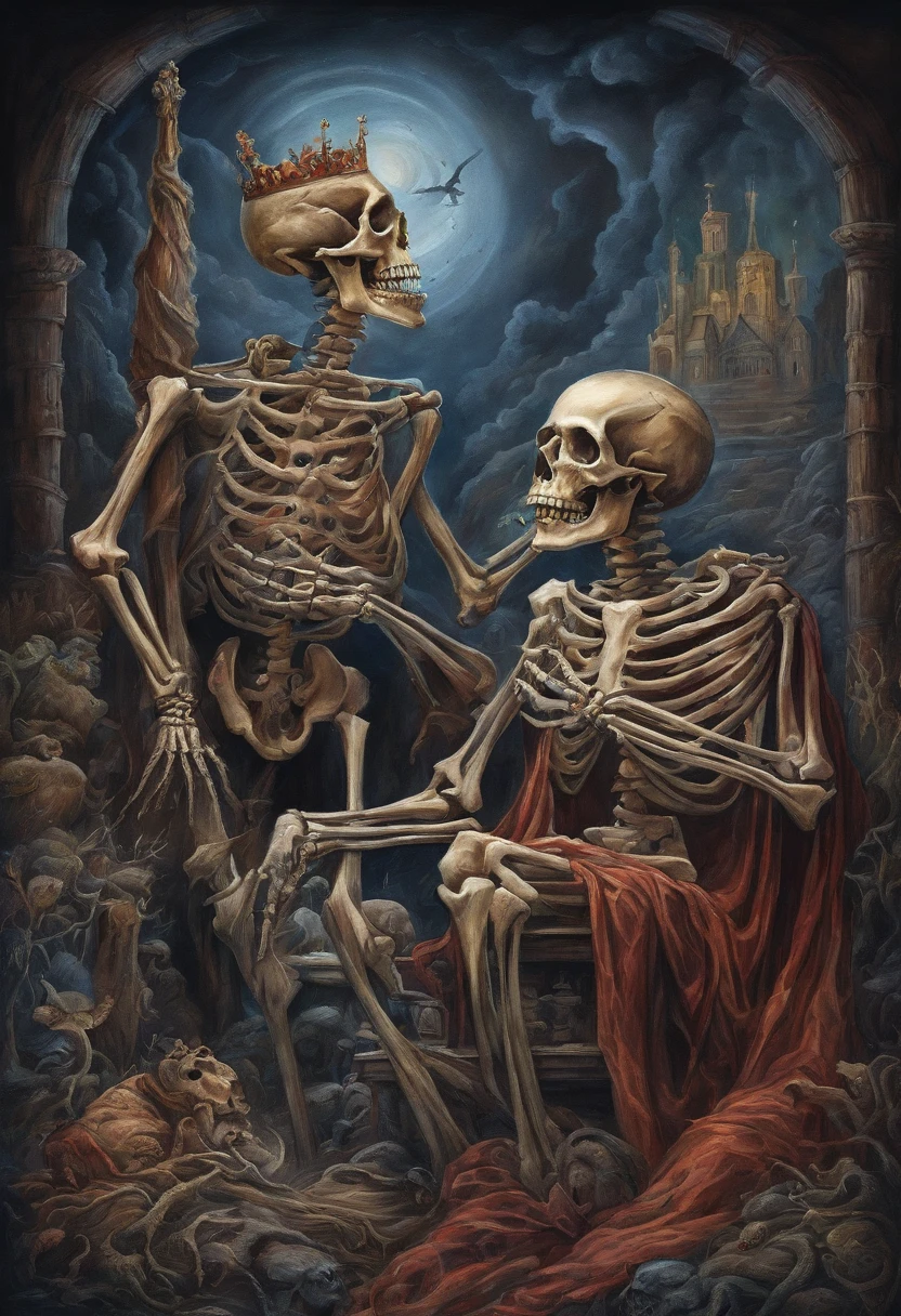 Skeleton King and Lucifer talk in a pile of corpses, fantasia, Complicado, elegante, altamente detalhado, Centrado, simetria, Pintura, Complicado, voluminetric lighting, Beautiful, Uma obra-prima de cores ricas e profundas, foco nítido, ultra-detalhada, no estilo de Dan Mumford e Mark Simonetti, astrofotografia, rainbows