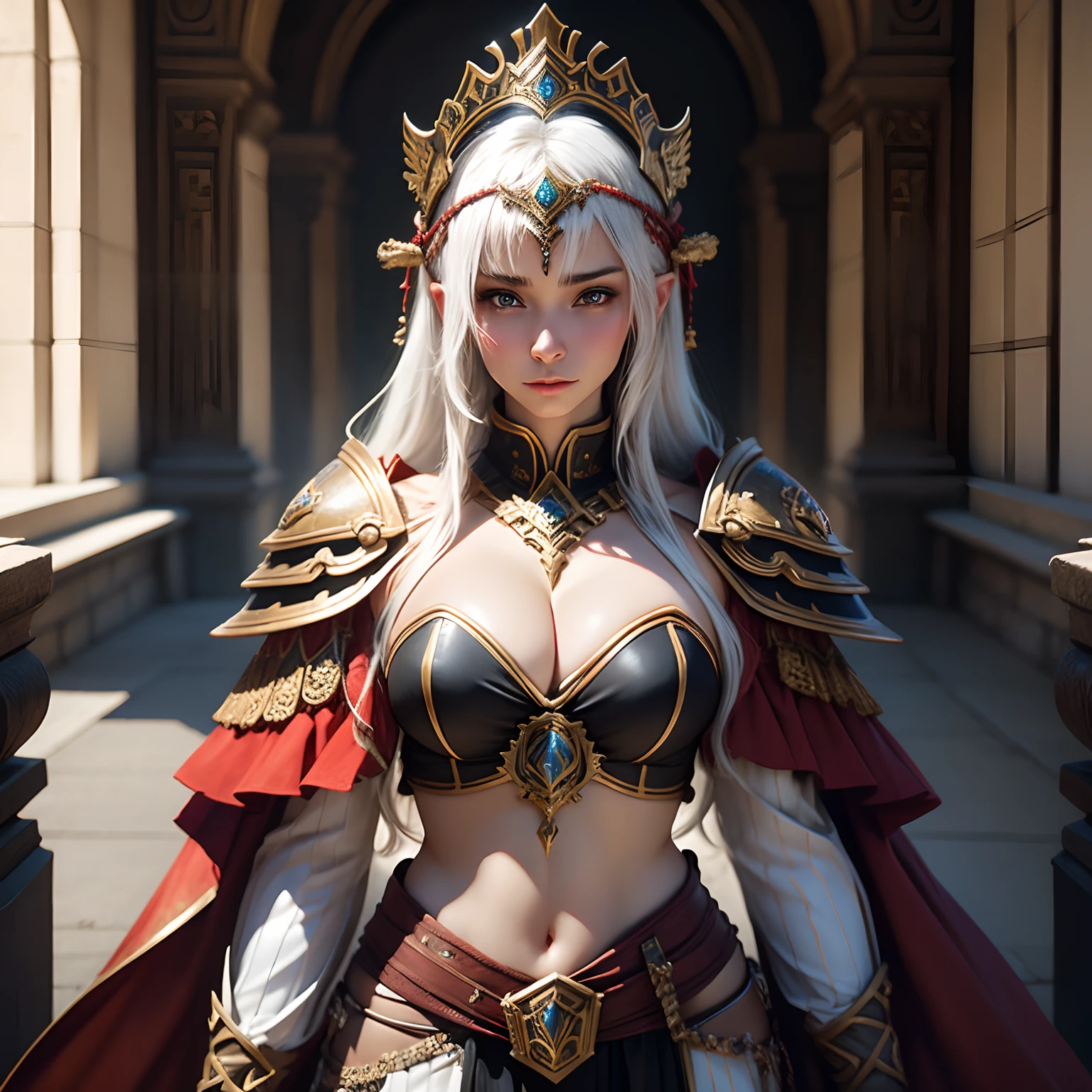 Dressed in insanely sexy bikini armor, Richly decorated armor, a beautiful woman warrior
