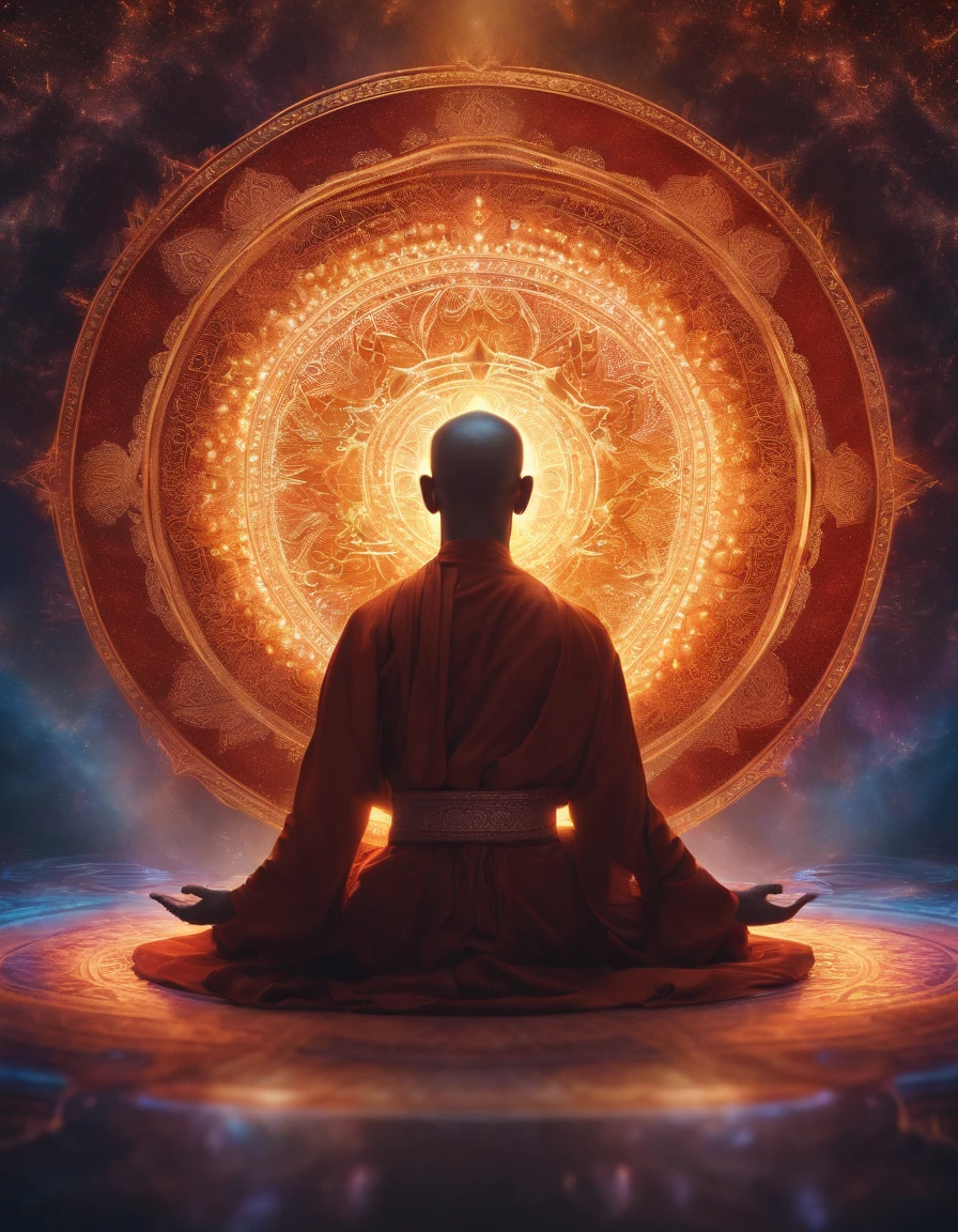 Back view of monk meditating in front of iridescent aura, In the style of a mandala, ArtGerm, uhd image, gongbi, visual harmony, Mystical mechanism, queencore