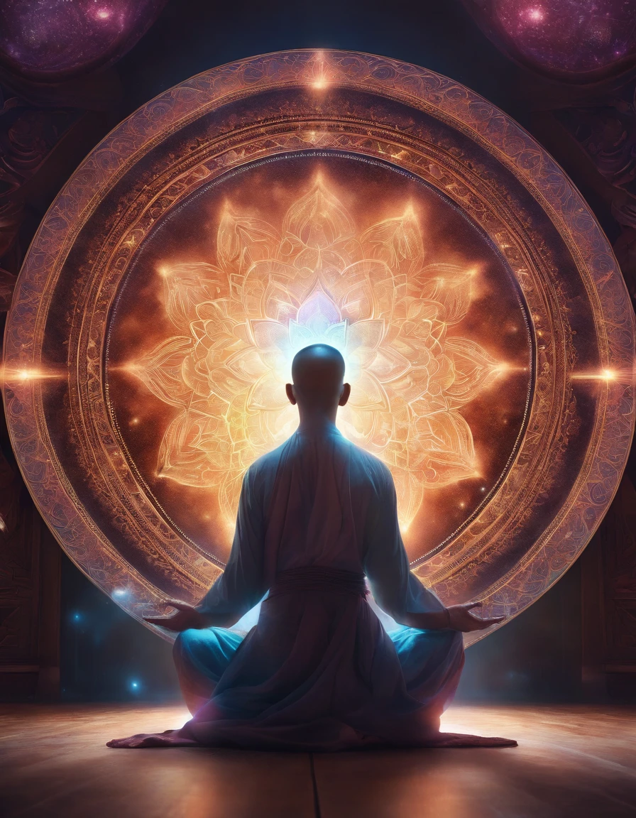 Back view of monk meditating in front of iridescent aura, In the style of a mandala, ArtGerm, uhd image, gongbi, visual harmony, Mystical mechanism, queencore