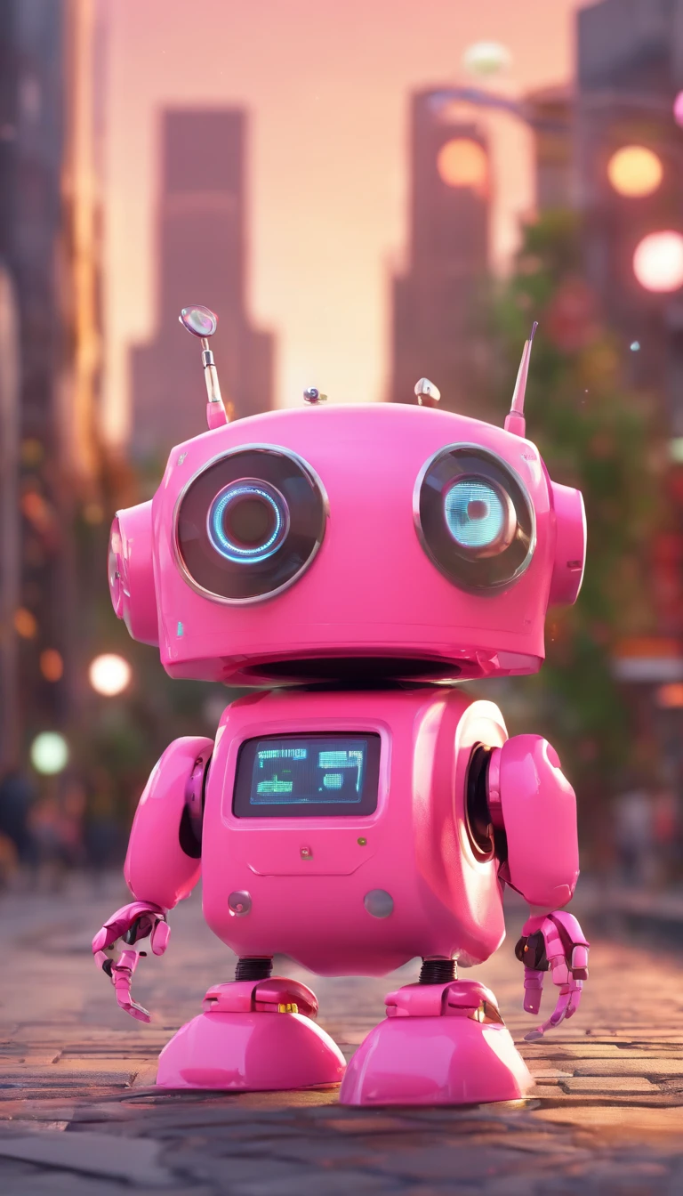A simple Cute full pink colour robot、Charming ,The background is a street in city