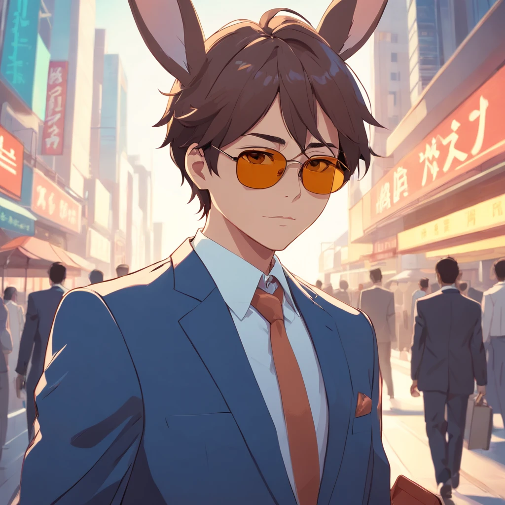 Artistic rendering of rabbit in business suit and sunglasses gangster,  vector art style. negative backgroung, 10 colors max, oltined white white borde